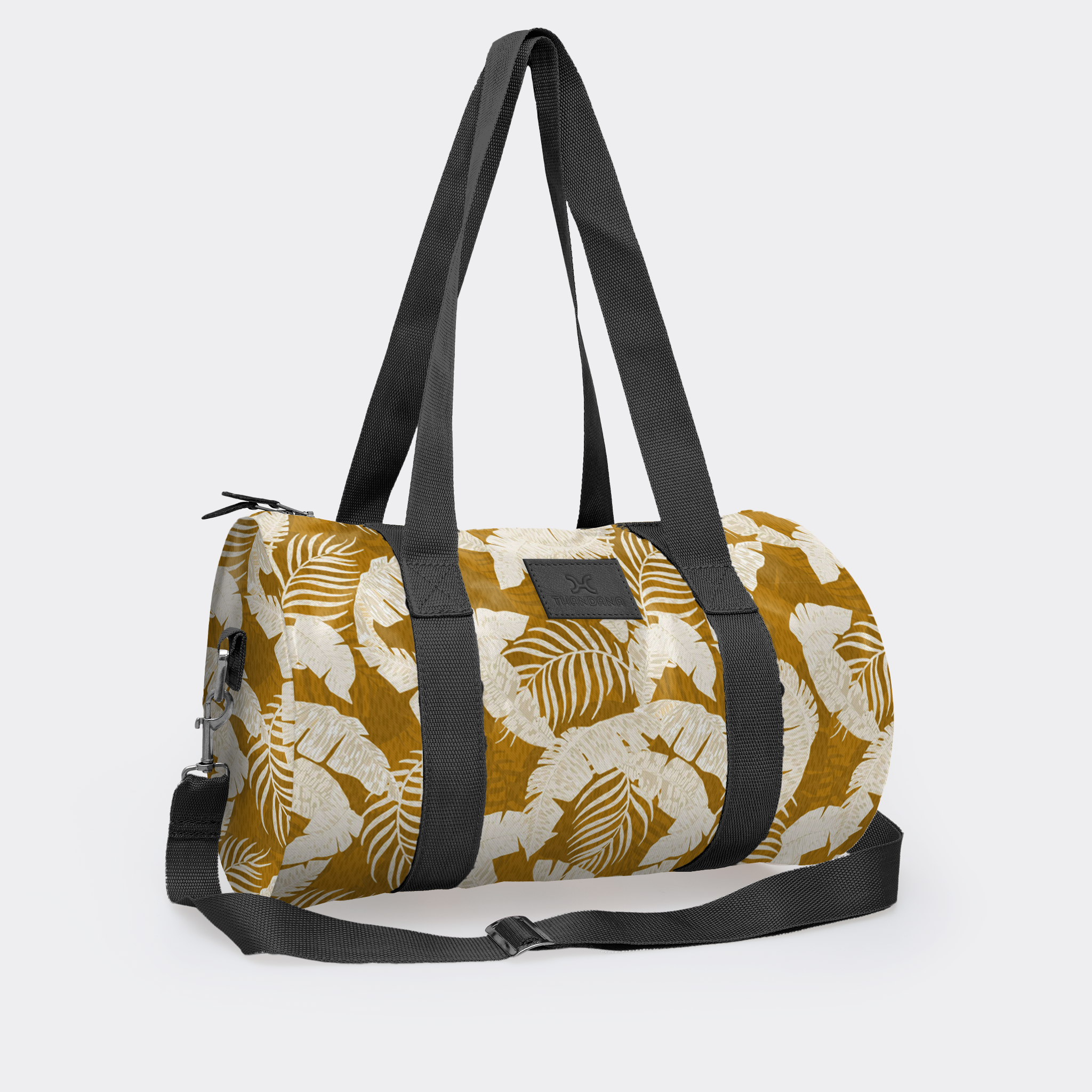 Sports & Gym Bag Black Trim | Laminated Fabric Black Webb - Fauna - Earth / Chunky Zip Luggage Bag by Thandana