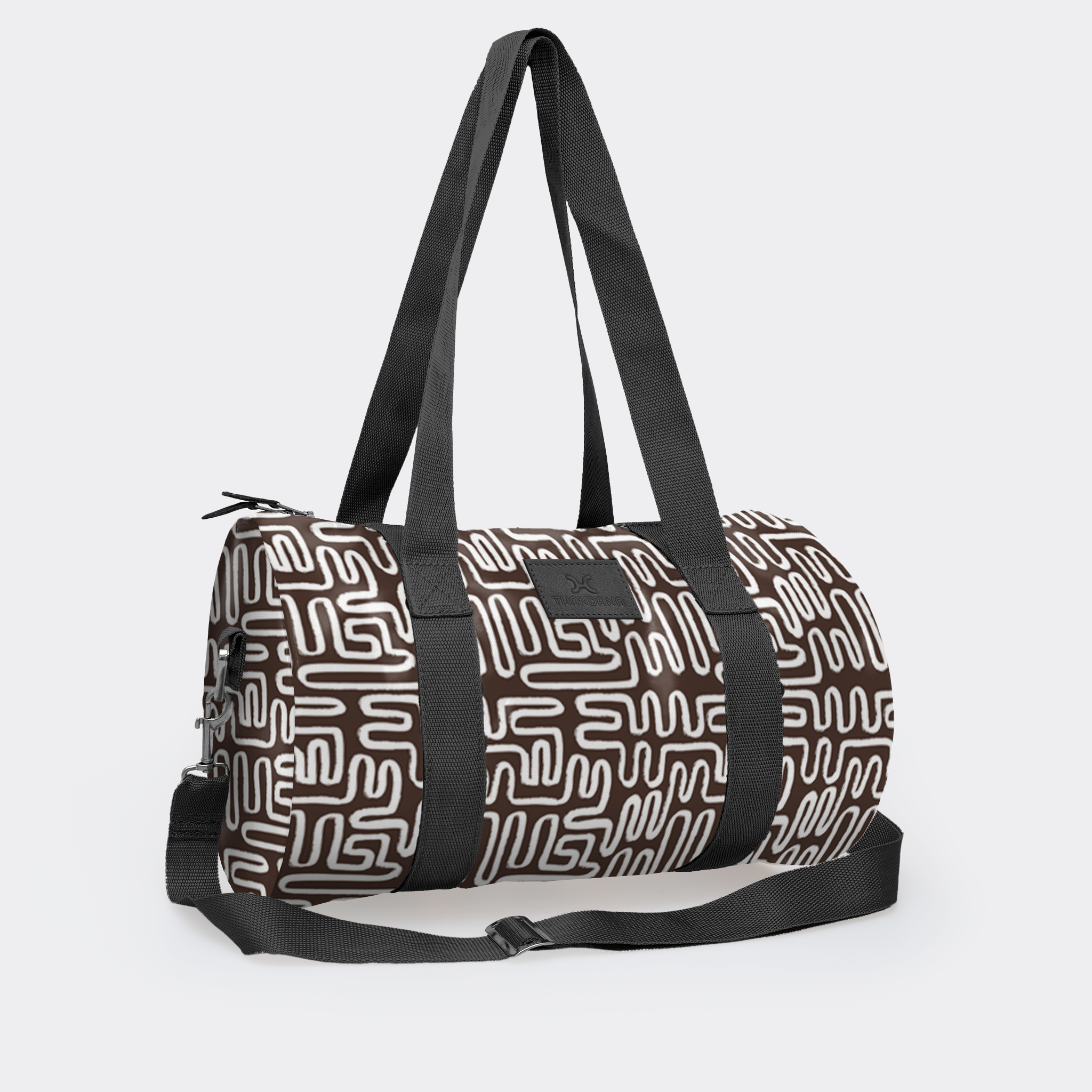 Sports & Gym Bag Black Trim | Laminated Fabric Black Webb - Geo - Black / Chunky Zip Luggage Bag by Thandana