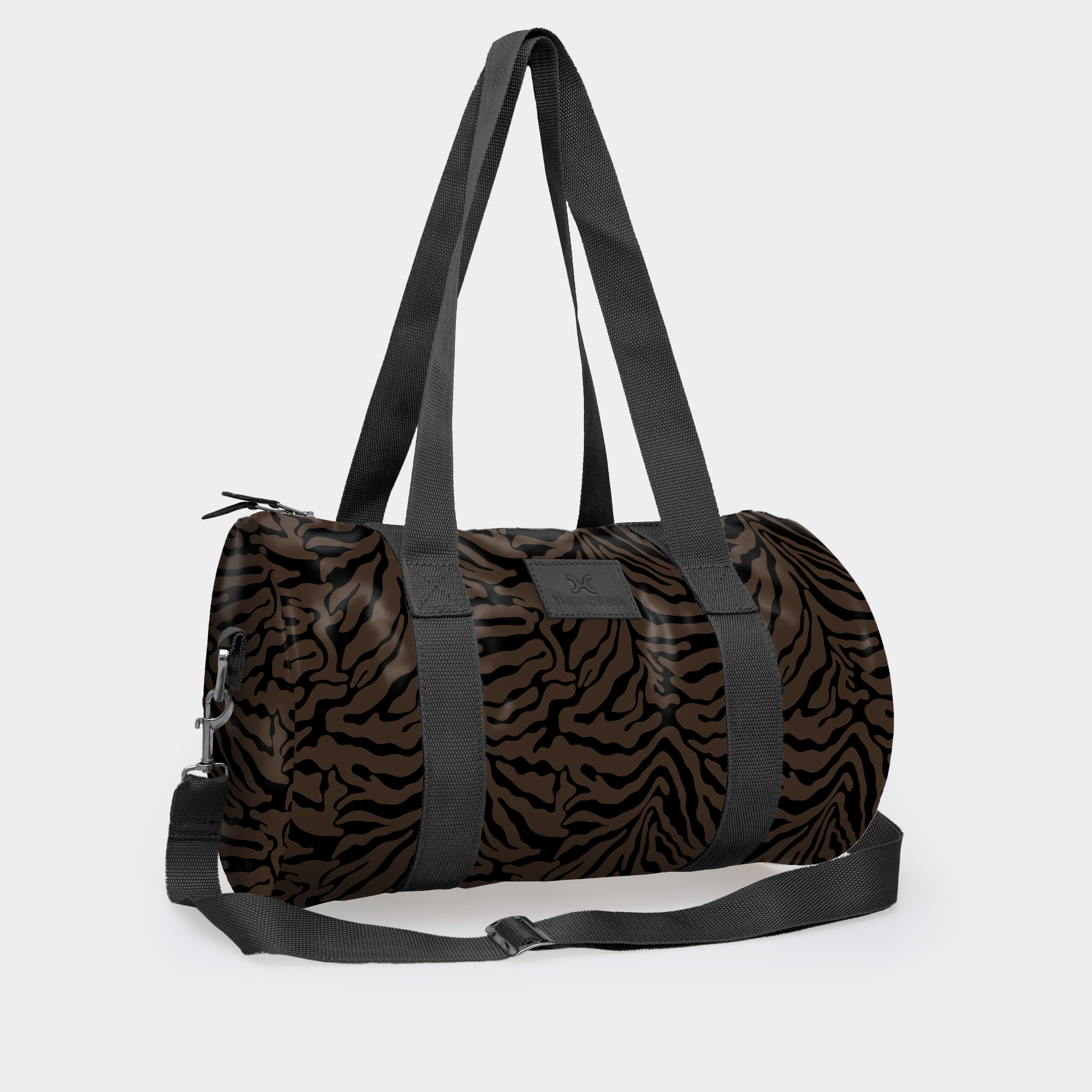 Sports & Gym Bag Black Trim | Laminated Fabric Black Webb - Nomad Stripe - Coffee / Chunky Zip Luggage Bag by Thandana