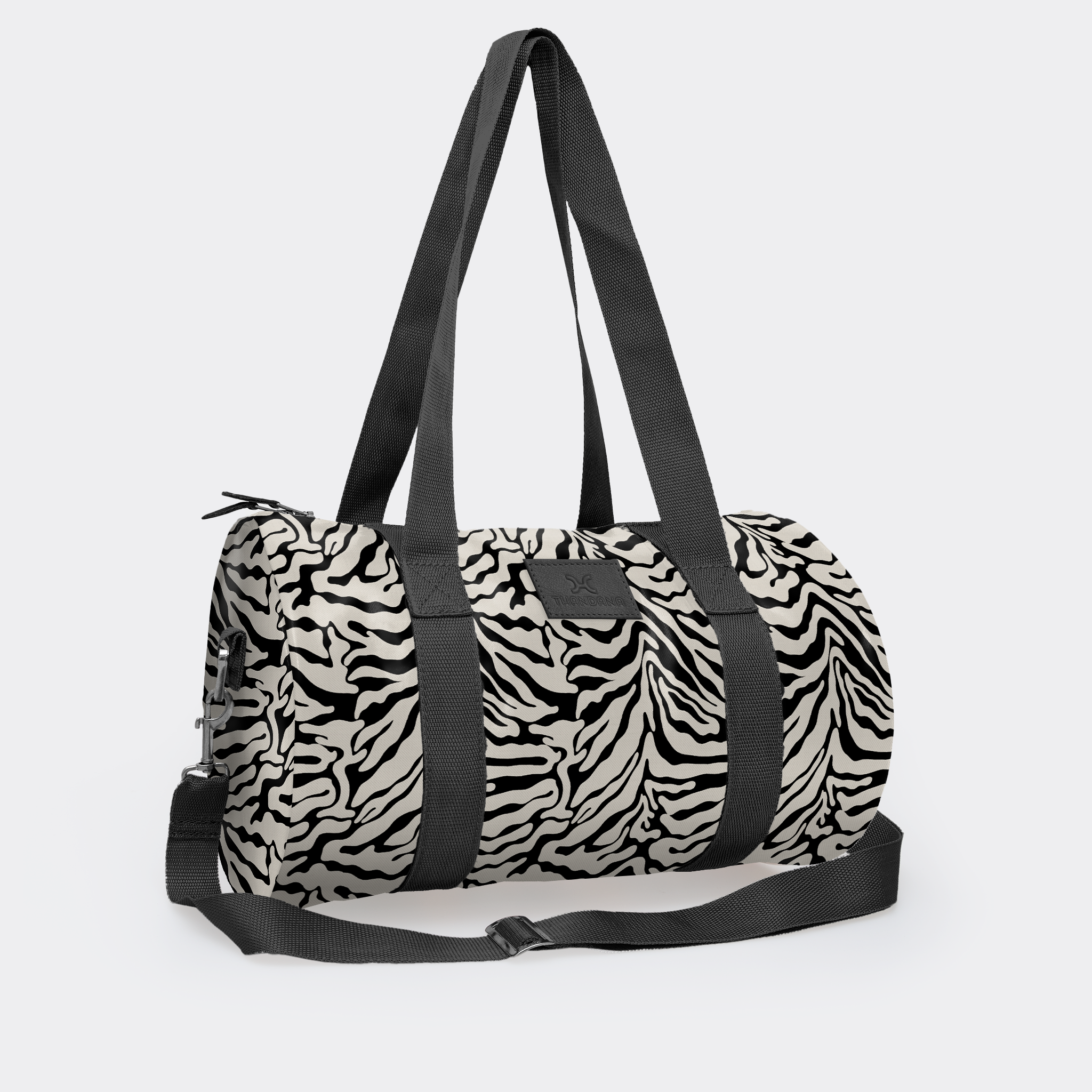 Sports & Gym Bag Black Trim | Laminated Fabric Black Webb - Nomad Stripe - Pitch / Chunky Zip Luggage Bag by Thandana