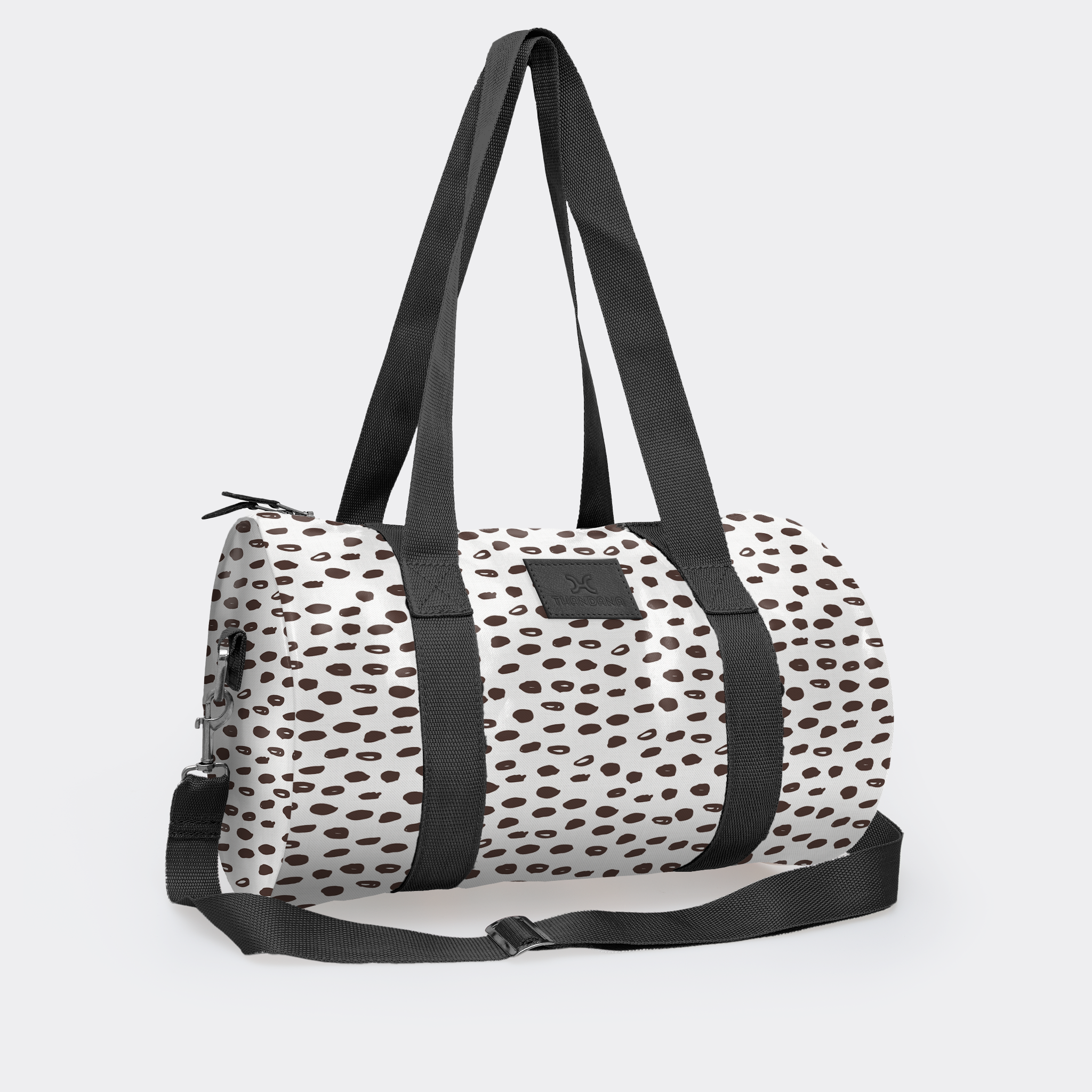 Sports & Gym Bag Black Trim | Laminated Fabric Black Webb - Seeds - White / Chunky Zip Luggage Bag by Thandana