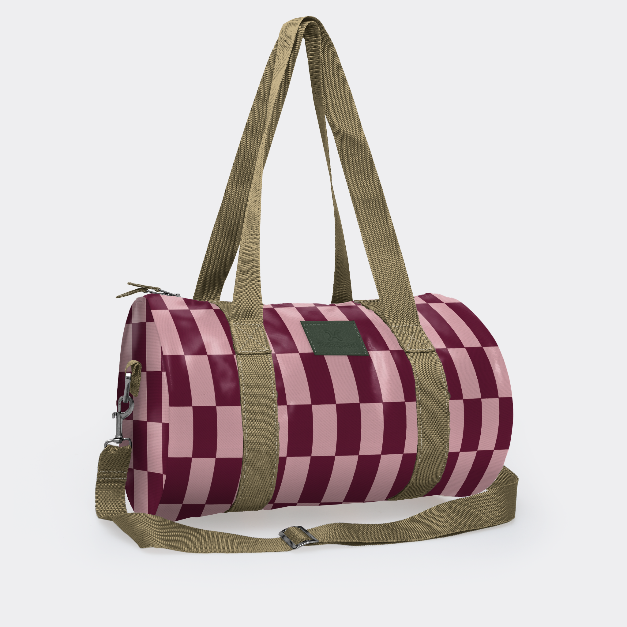 Sports & Gym Bag Olive Trim | Laminated Fabric Checkmate - Cherry / Chunky Zip Luggage Bag by Thandana