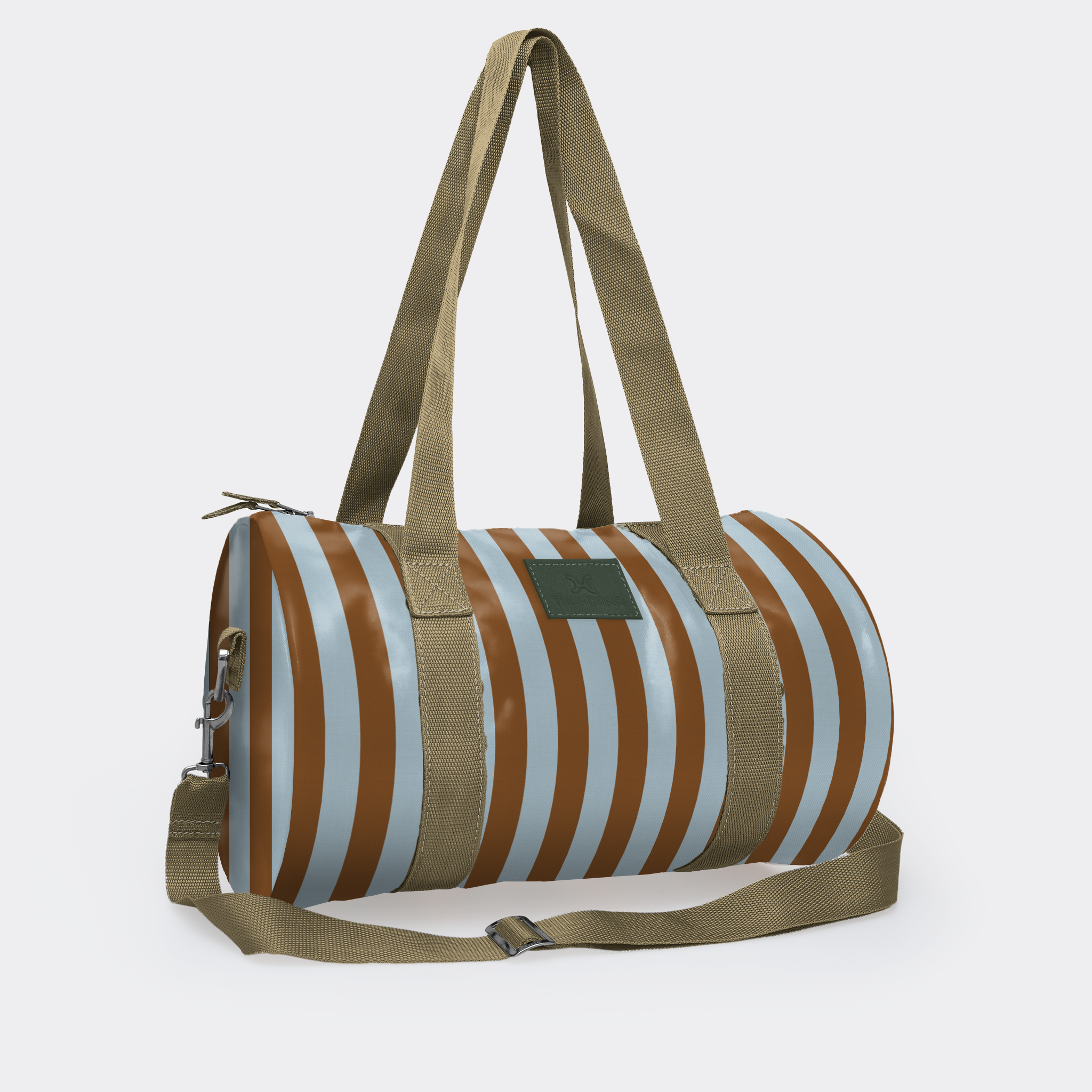 Sports & Gym Bag Olive Trim | Laminated Fabric Coastal Stripe - Blue / Chunky Zip Luggage Bag by Thandana