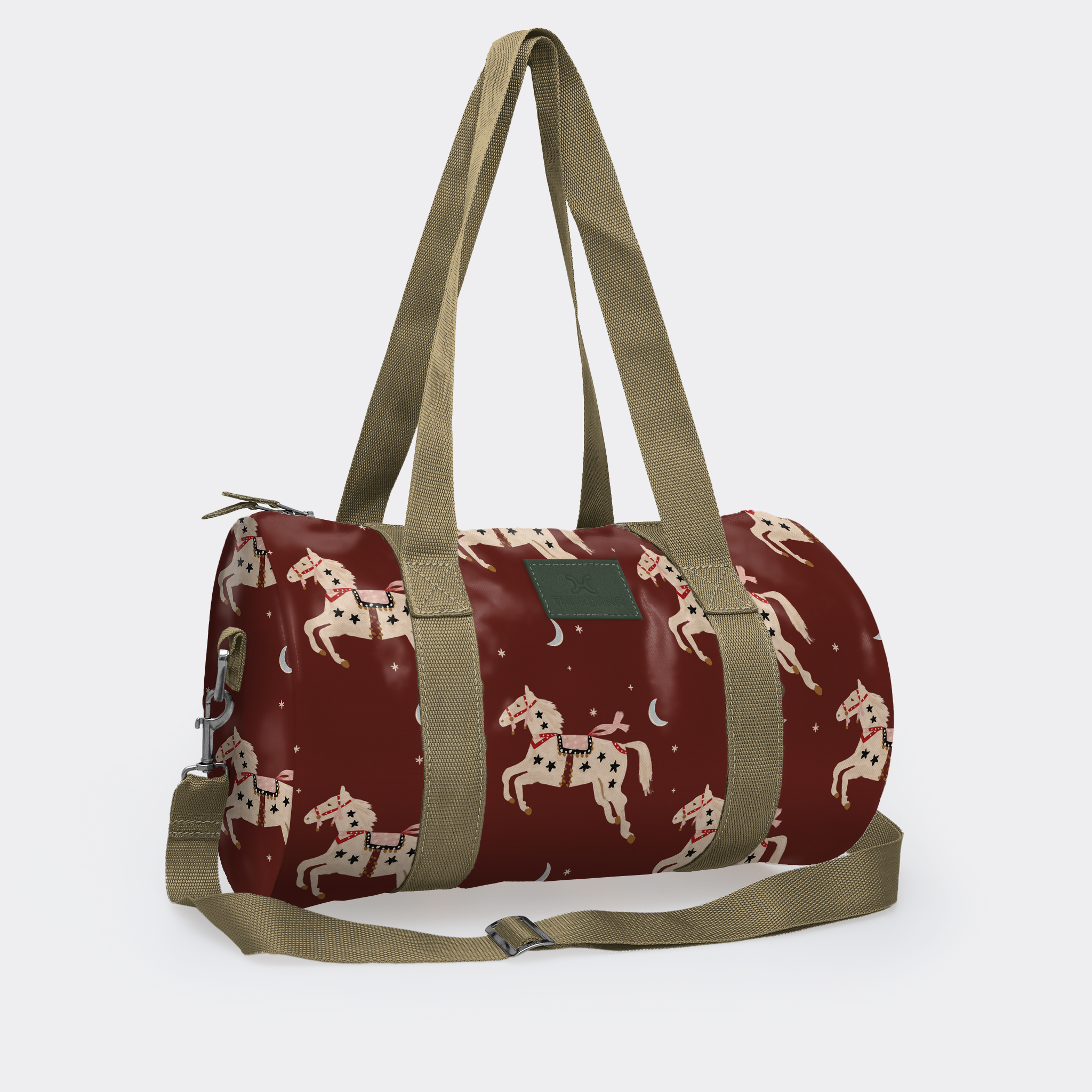 Sports & Gym Bag Olive Trim | Laminated Fabric Midnight Pony - Cherry / Chunky Zip Luggage Bag by Thandana