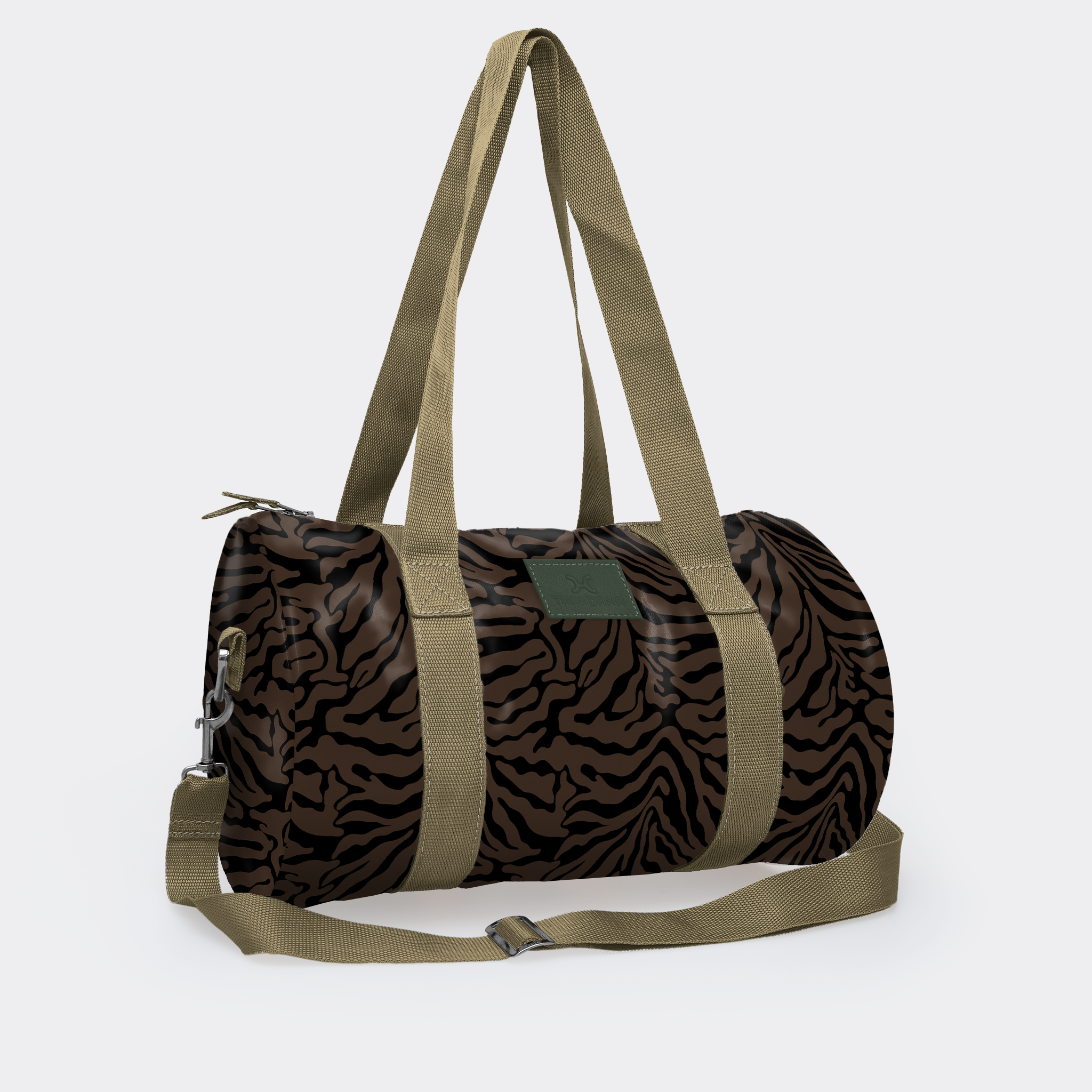 Sports & Gym Bag Olive Trim | Laminated Fabric Nomad Stripe - Coffee / Chunky Zip Luggage Bag by Thandana