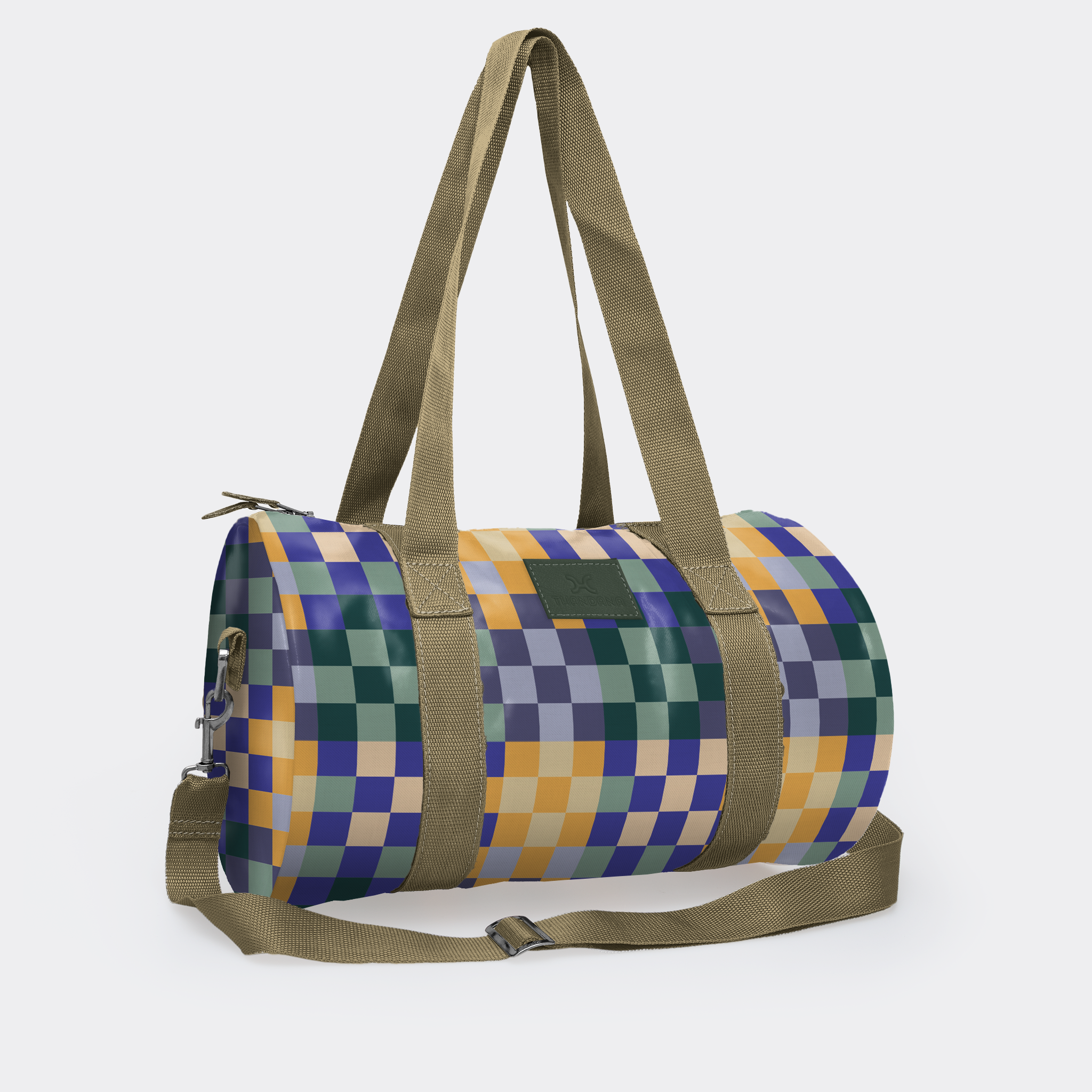 Sports & Gym Bag Olive Trim | Laminated Fabric Olive Webb - Checker - Jet / Chunky Zip Luggage Bag by Thandana