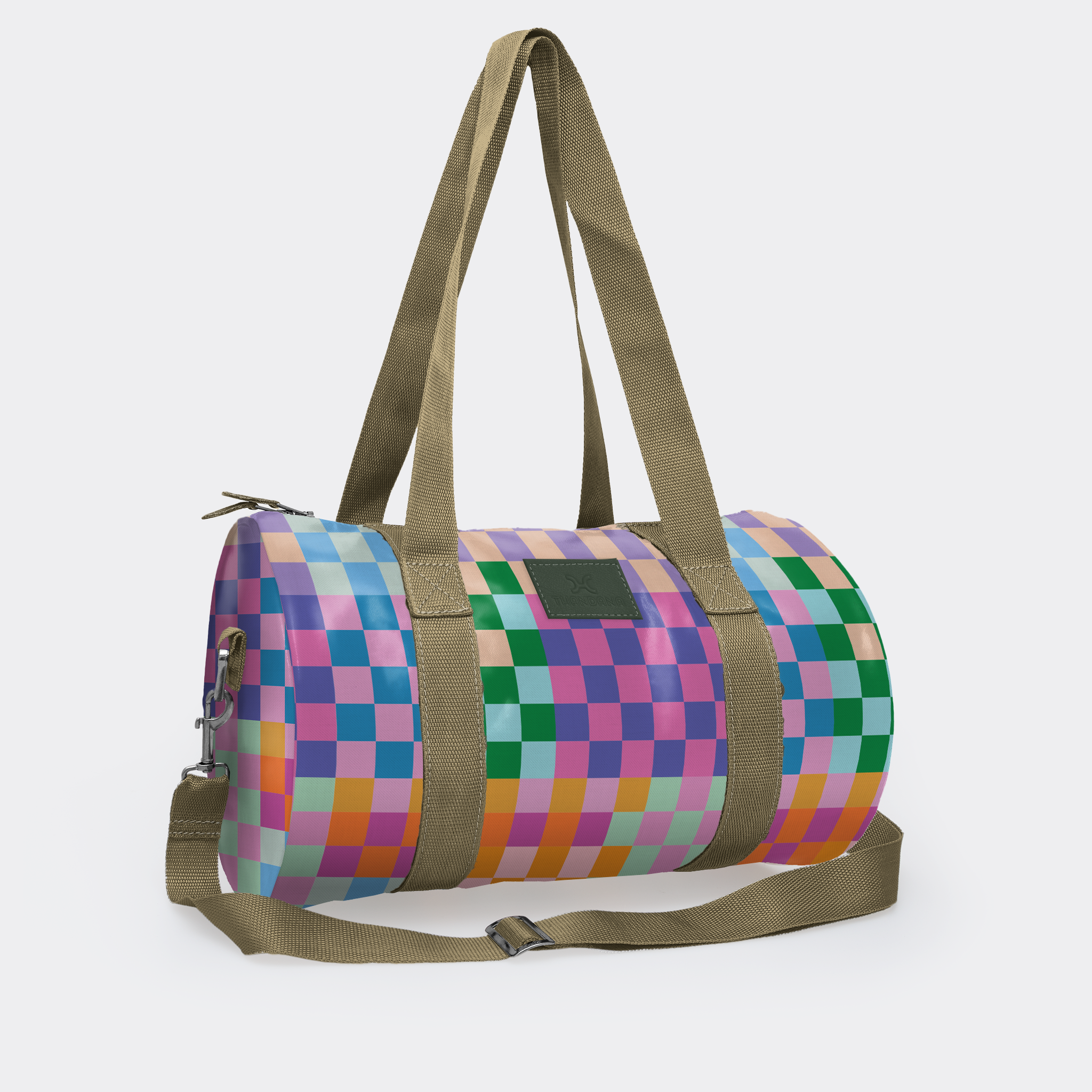 Sports & Gym Bag Olive Trim | Laminated Fabric Olive Webb - Checker - Preppy / Chunky Zip Luggage Bag by Thandana