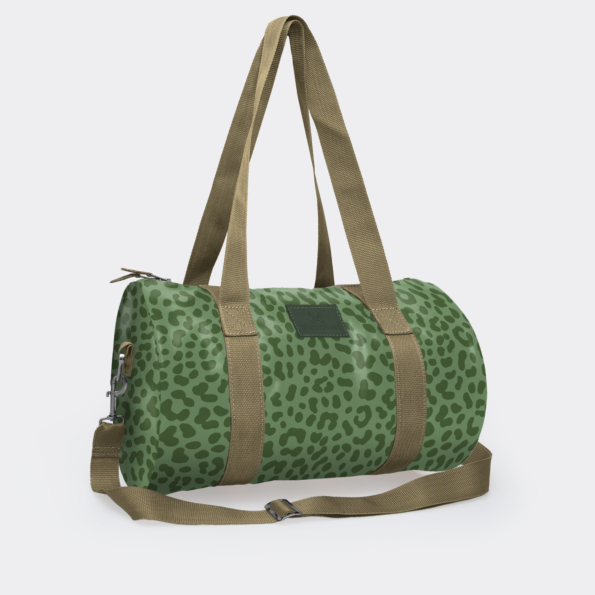 Sports & Gym Bag Olive Trim | Laminated Fabric Olive Webb - Cheetah - Olive / Chunky Zip Luggage Bag by Thandana