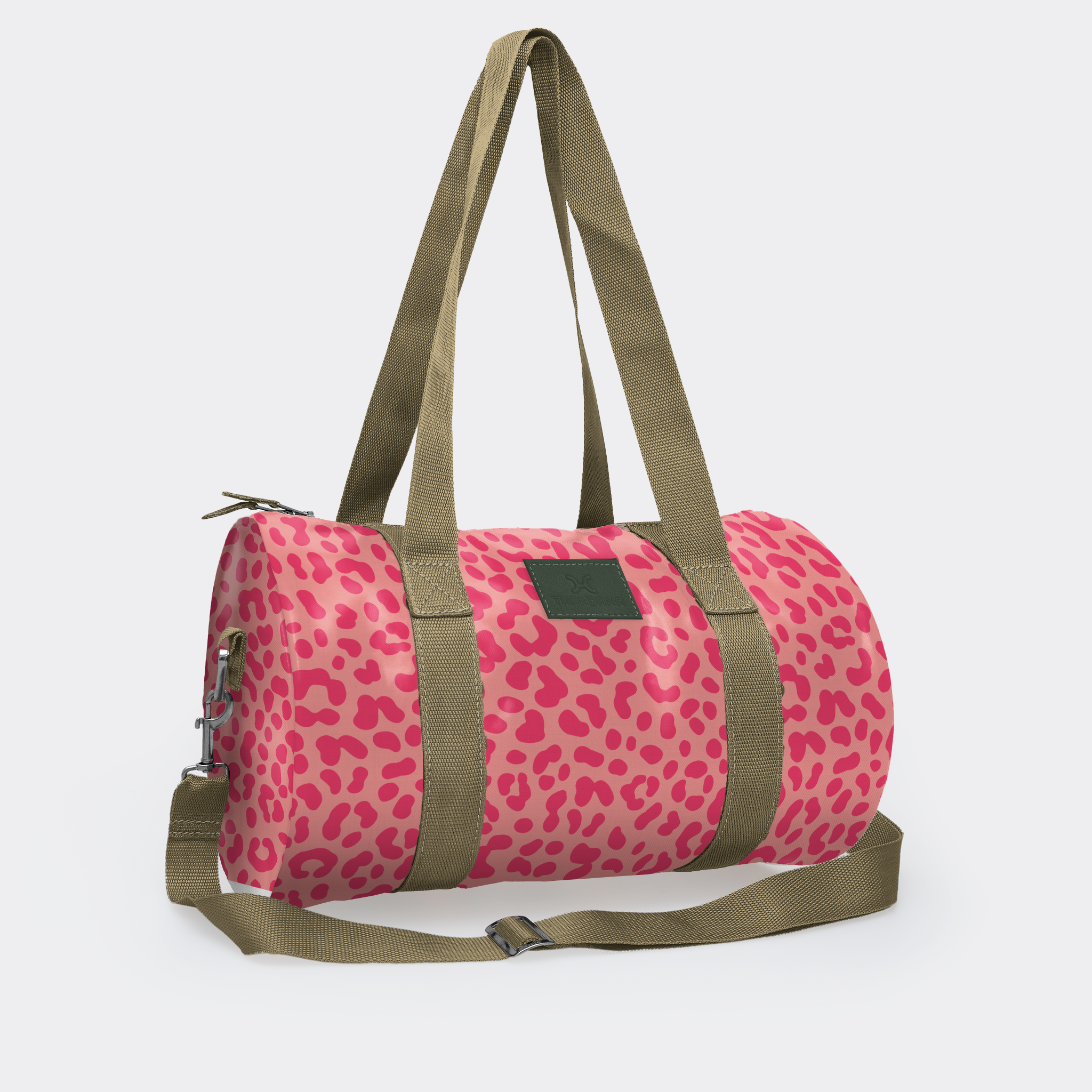Sports & Gym Bag Olive Trim | Laminated Fabric Olive Webb - Cheetah - Pink / Chunky Zip Luggage Bag by Thandana