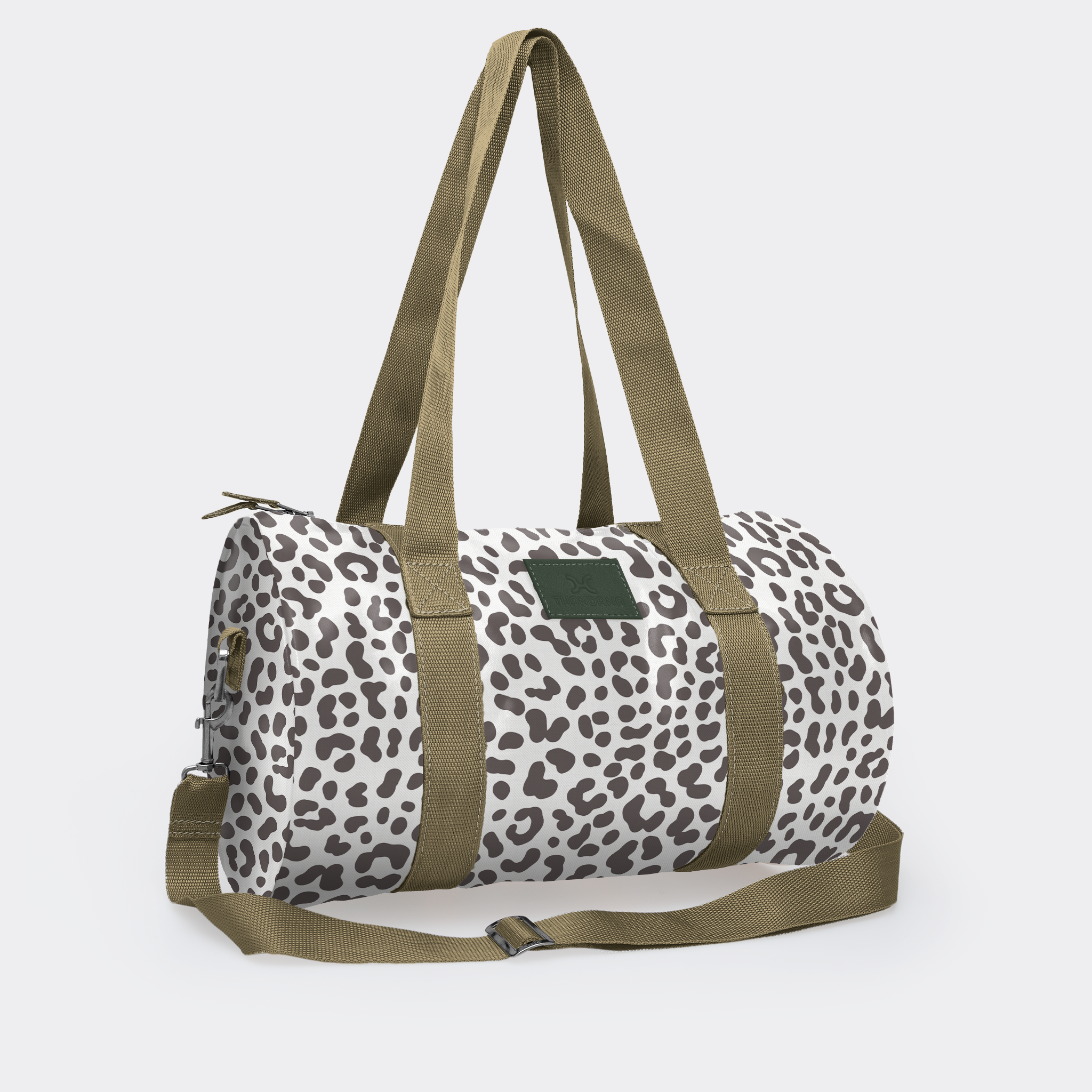 Sports & Gym Bag Olive Trim | Laminated Fabric Olive Webb - Cheetah - White / Chunky Zip Luggage Bag by Thandana