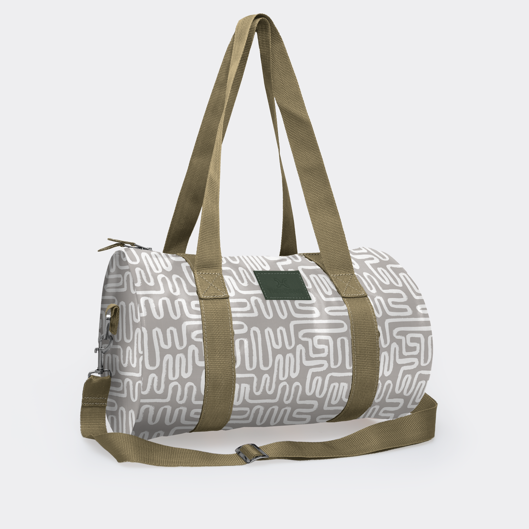 Sports & Gym Bag Olive Trim | Laminated Fabric Olive Webb - Geo - Moonstruck / Chunky Zip Luggage Bag by Thandana