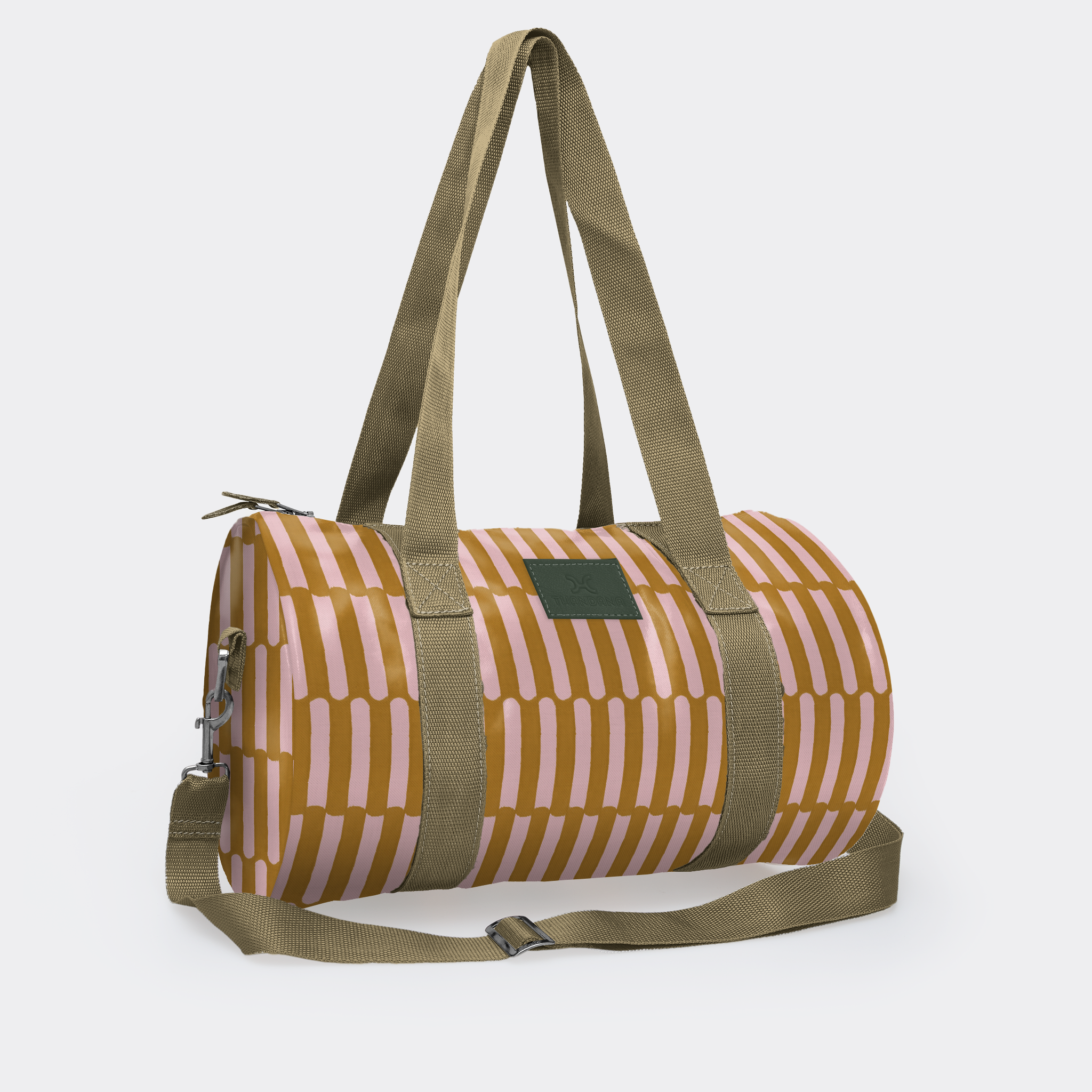 Sports & Gym Bag Olive Trim | Laminated Fabric Olive Webb - Indie - Sunset / Chunky Zip Luggage Bag by Thandana