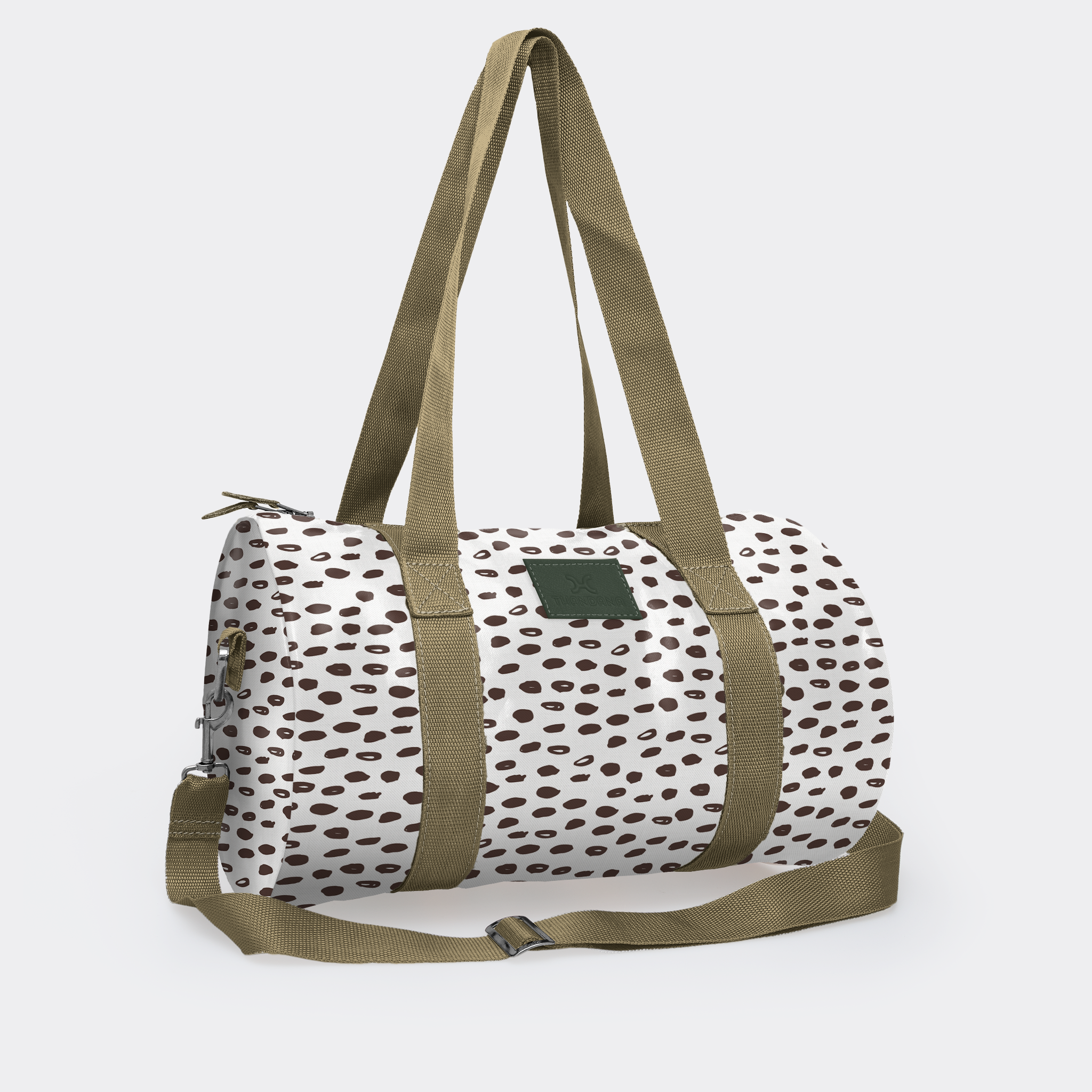 Sports & Gym Bag Olive Trim | Laminated Fabric Olive Webb - Seeds - White / Chunky Zip Luggage Bag by Thandana