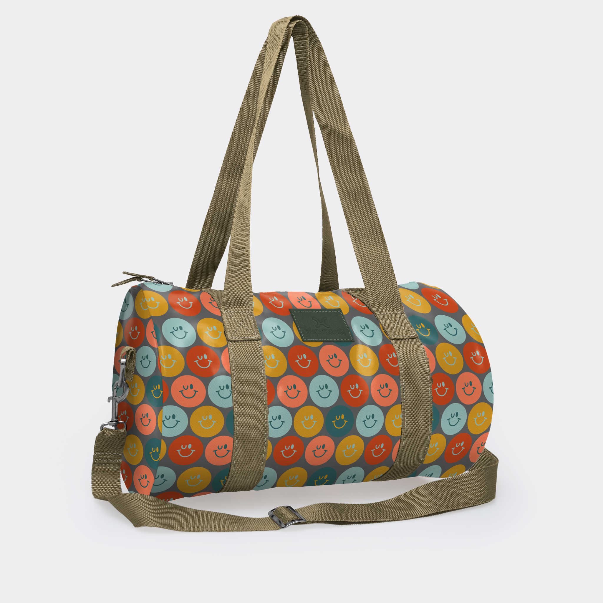 Sports & Gym Bag Olive Trim | Laminated Fabric Olive Webb - Smiley - Jet / Chunky Zip Luggage Bag by Thandana
