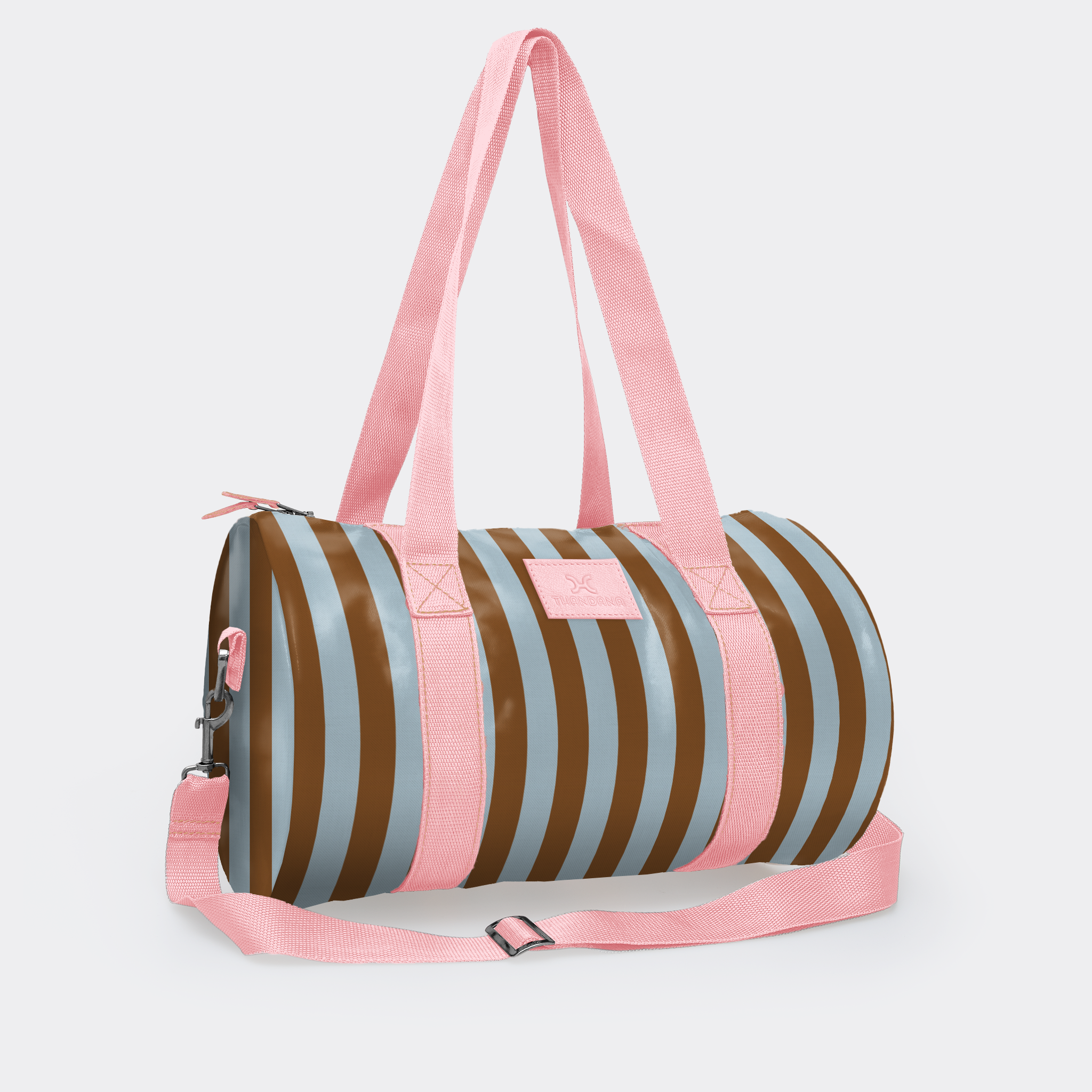 Sports & Gym Bag Pink Trim | Laminated Fabric Coastal Stripe - Blue / Chunky Zip Luggage Bag by Thandana