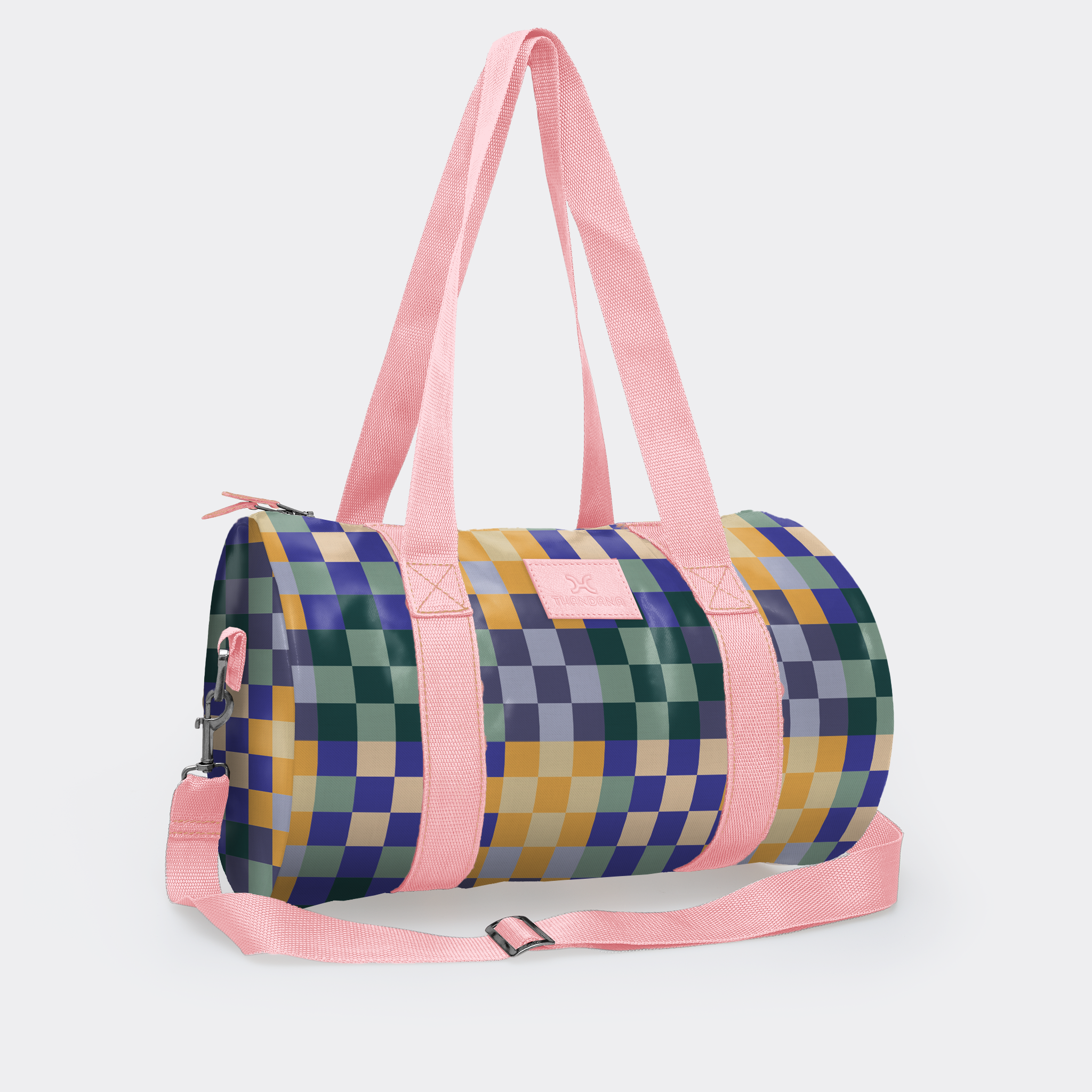 Sports & Gym Bag Pink Trim | Laminated Fabric Pink Webb - Checker - Jet / Chunky Zip Luggage Bag by Thandana
