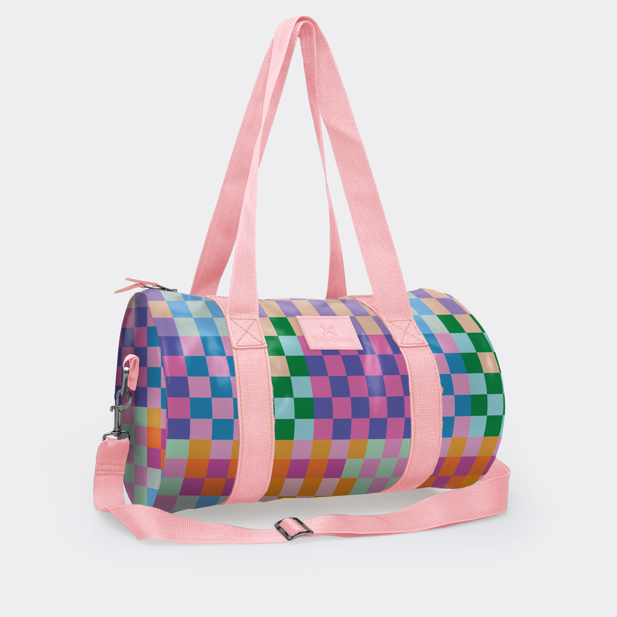 Sports & Gym Bag Pink Trim | Laminated Fabric Pink Webb - Checker - Preppy / Chunky Zip Luggage Bag by Thandana
