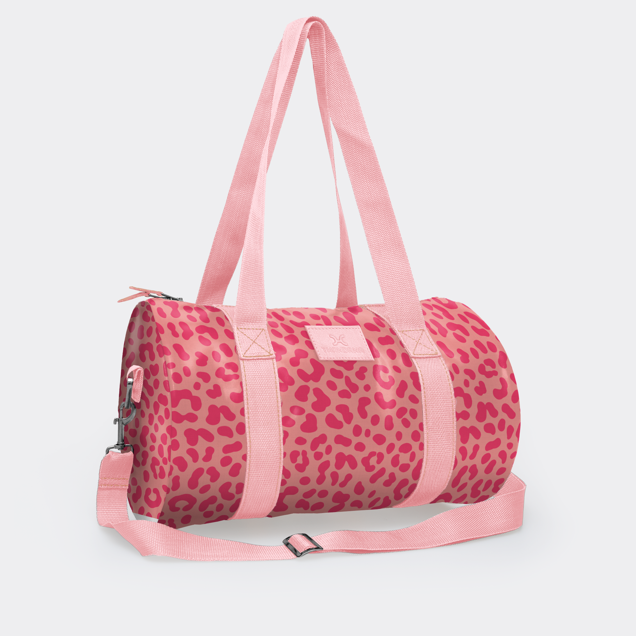 Sports & Gym Bag Pink Trim | Laminated Fabric Pink Webb - Cheetah - Pink / Chunky Zip Luggage Bag by Thandana
