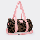 Sports & Gym Bag Pink Trim | Laminated Fabric Pink Webb - Cheetah - Coffee / Chunky Zip Luggage Bag by Thandana