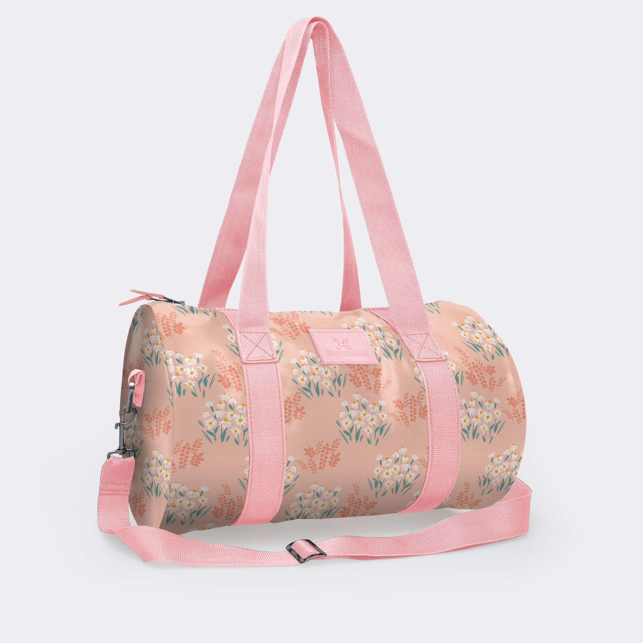 Sports & Gym Bag Pink Trim | Laminated Fabric Pink Webb - Crazy Daisy - Blush / Chunky Zip Luggage Bag by Thandana