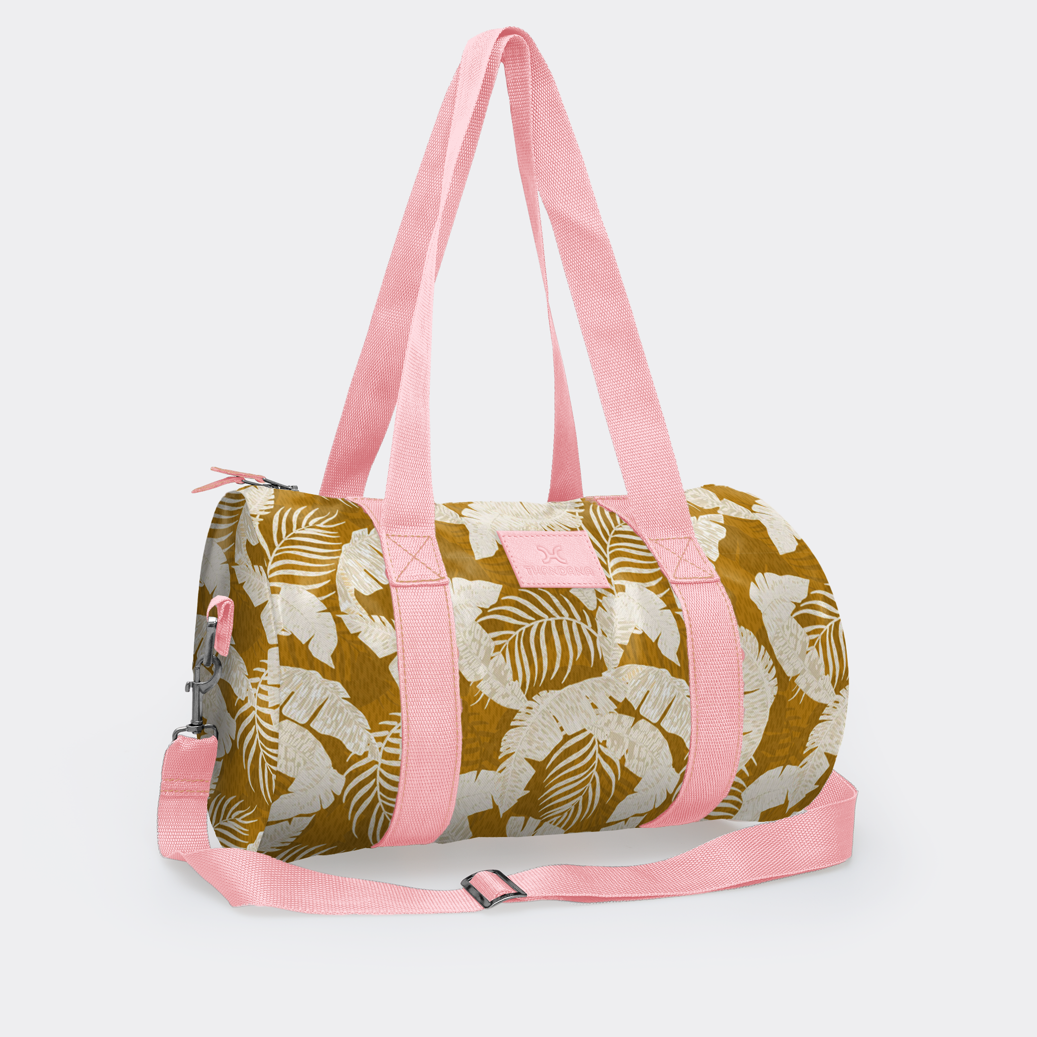 Sports & Gym Bag Pink Trim | Laminated Fabric Pink Webb - Fauna - Earth / Chunky Zip Luggage Bag by Thandana
