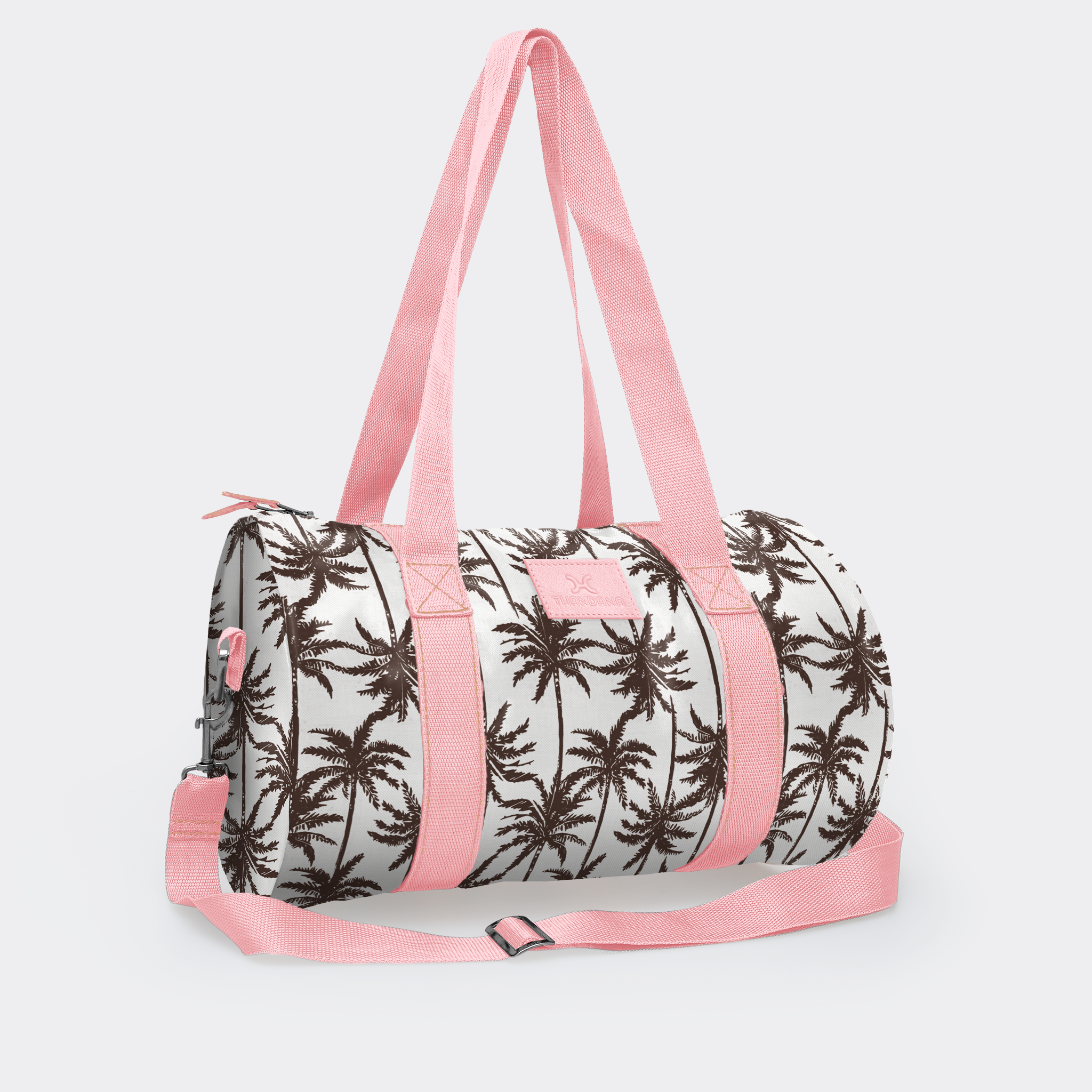 Sports & Gym Bag Pink Trim | Laminated Fabric Pink Webb - Palm - Neutral / Chunky Zip Luggage Bag by Thandana