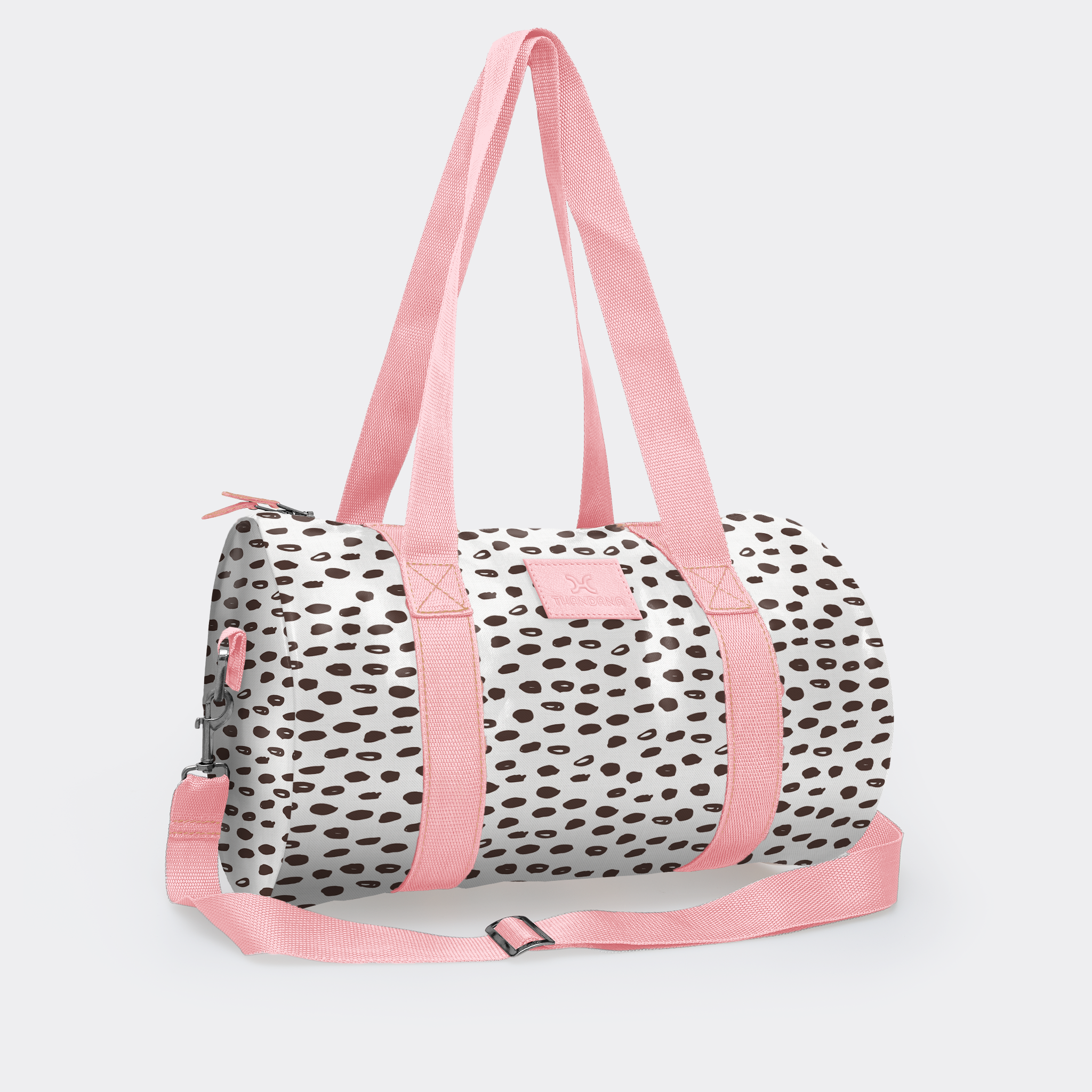 Sports & Gym Bag Pink Trim | Laminated Fabric Pink Webb - Seeds - White / Chunky Zip Luggage Bag by Thandana
