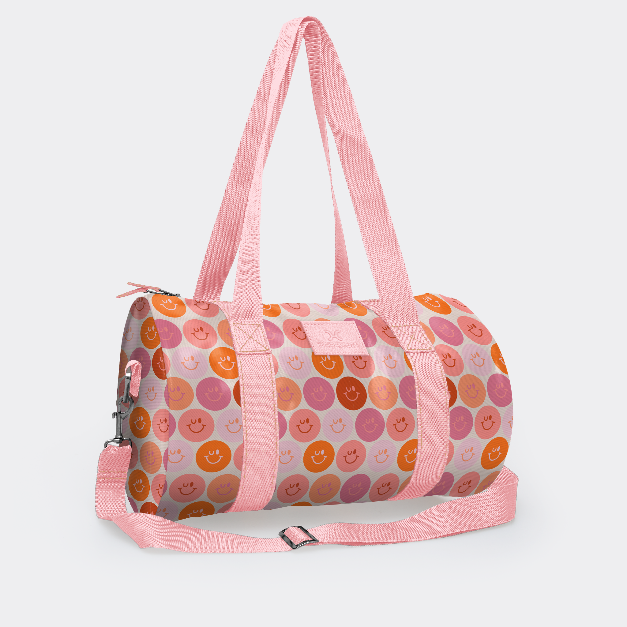 Sports & Gym Bag Pink Trim | Laminated Fabric Pink Webb - Smiley - Blush / Chunky Zip Luggage Bag by Thandana