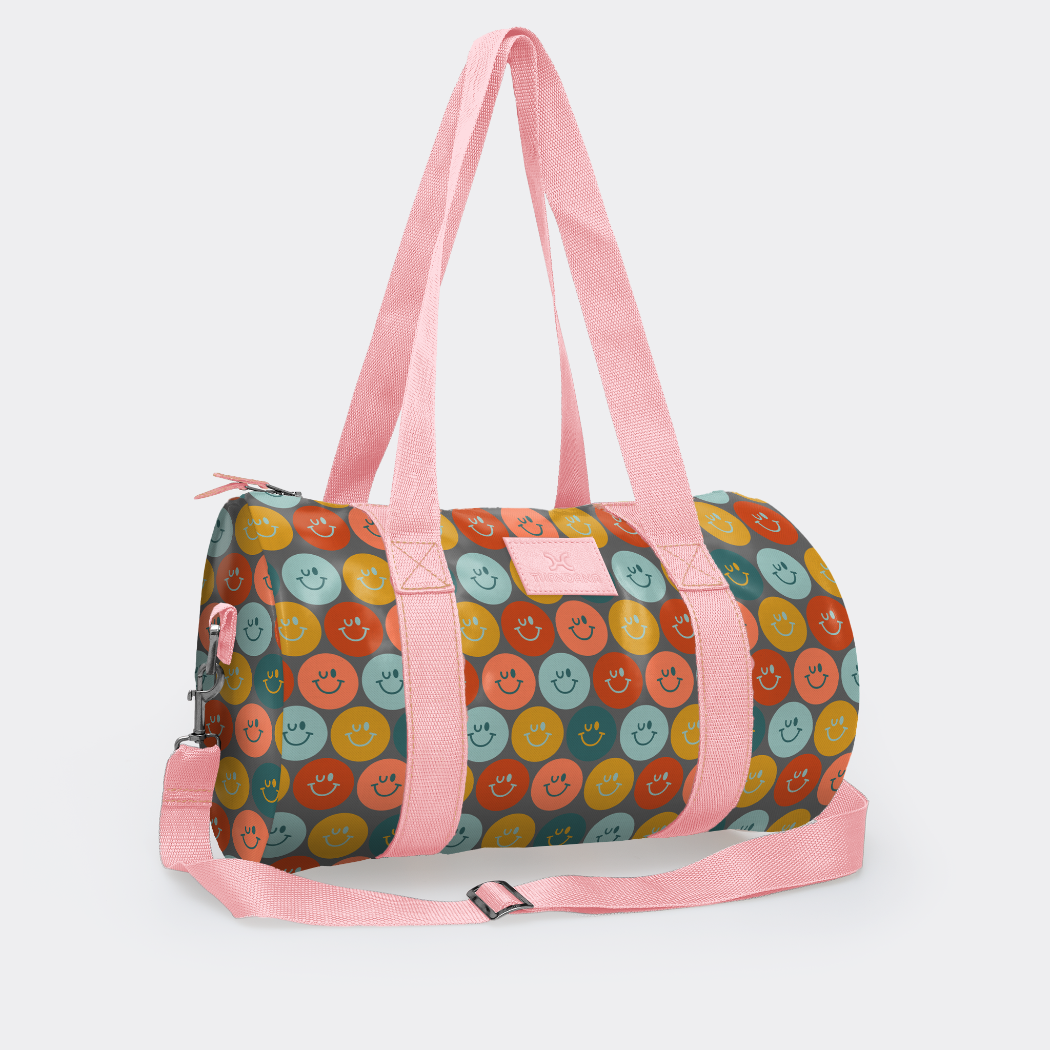 Sports & Gym Bag Pink Trim | Laminated Fabric Pink Webb - Smiley - Jet / Chunky Zip Luggage Bag by Thandana