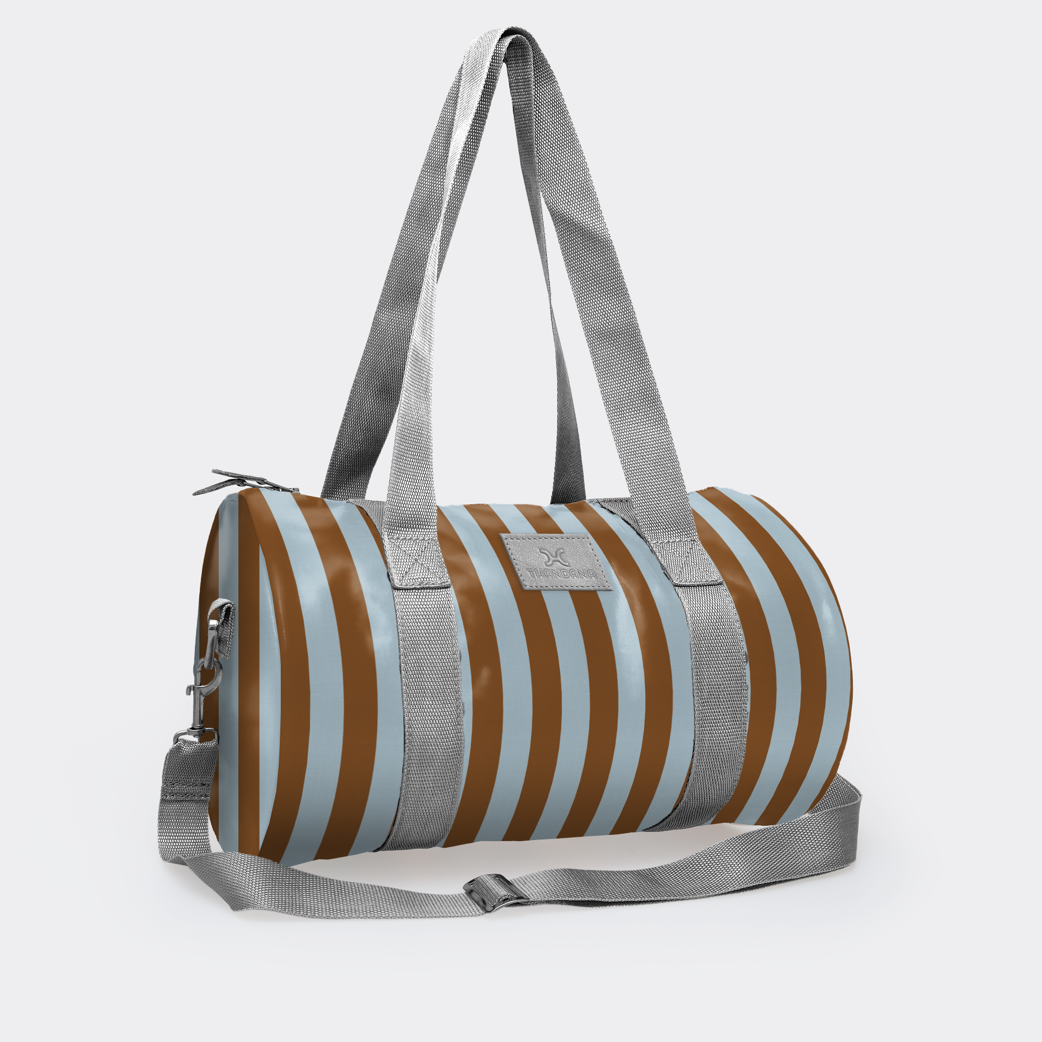 Sports & Gym Bag Silver Trim | Laminated Fabric Coastal Stripe - Blue Luggage Bag by Thandana
