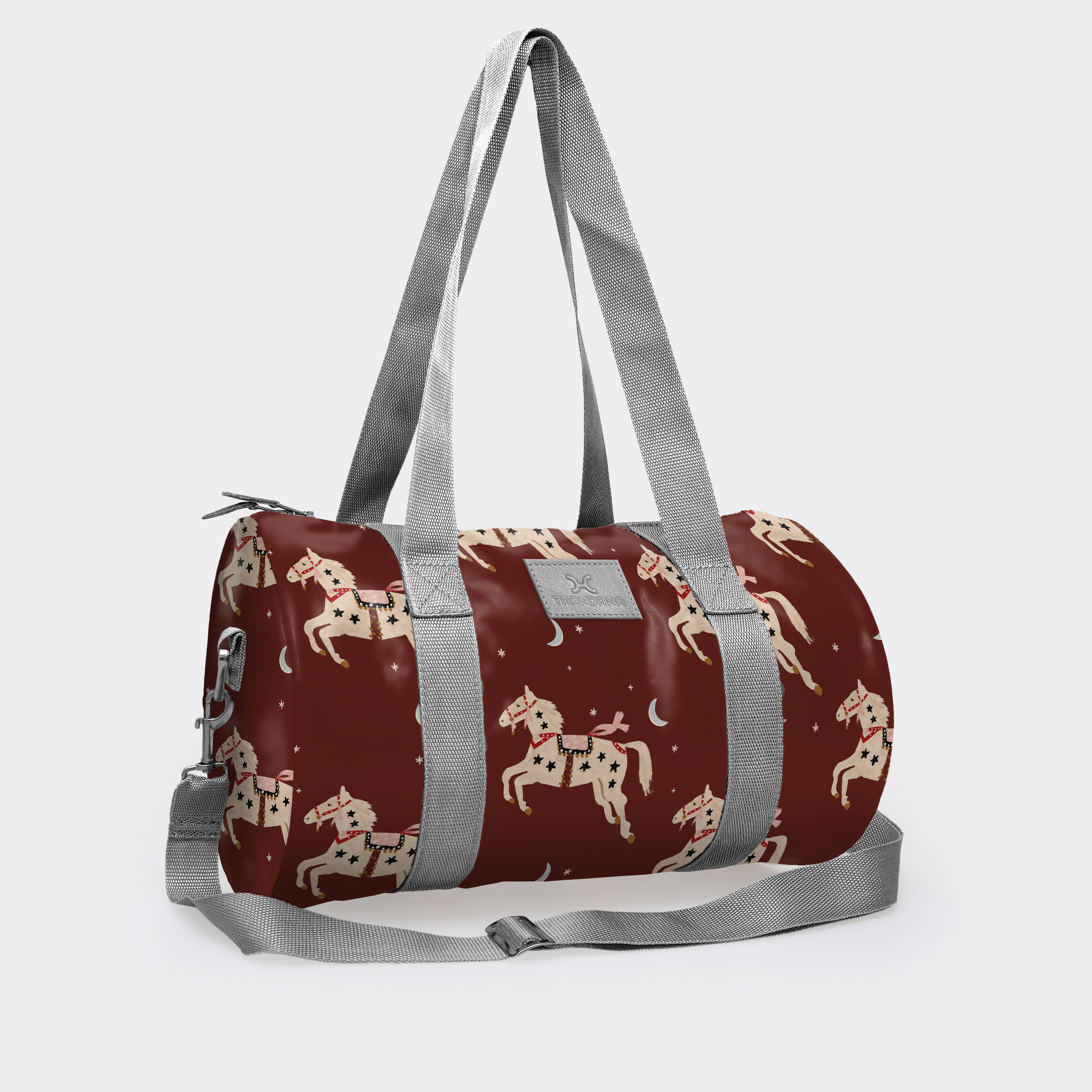 Sports & Gym Bag Silver Trim | Laminated Fabric Midnight Pony - Cherry Luggage Bag by Thandana