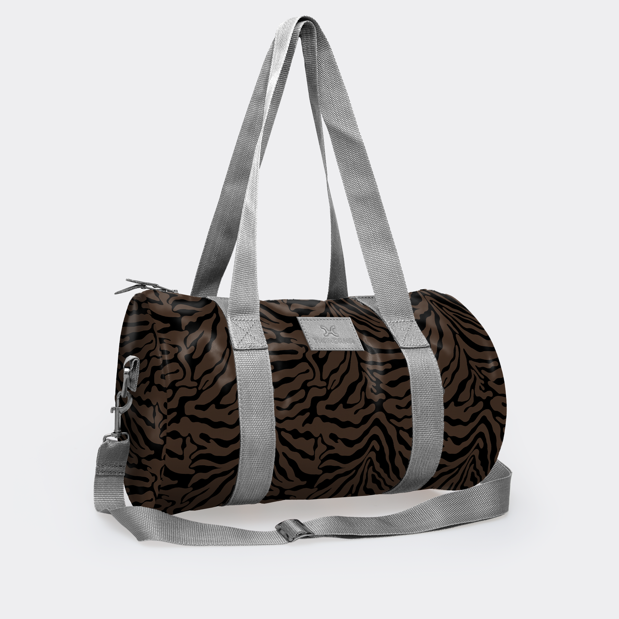 Sports & Gym Bag Silver Trim | Laminated Fabric Nomad Stripe - Coffee Luggage Bag by Thandana