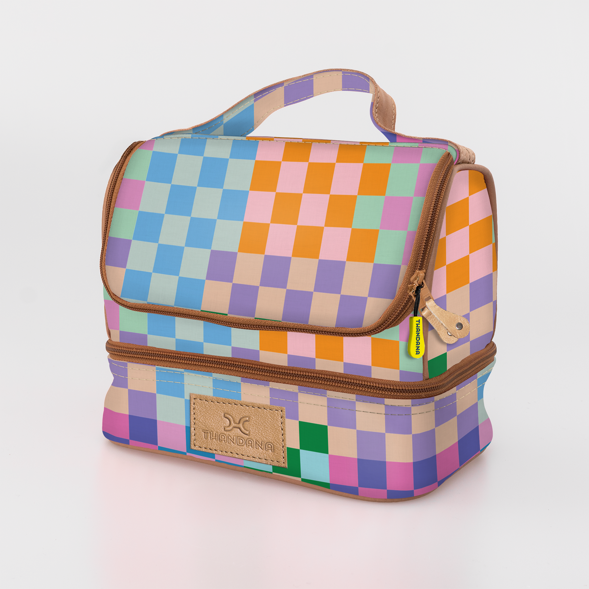 Thermal Cooler Bag | Laminated Fabric with Genuine Leather Checker - Preppy / Chunky Zip Mini Thermal Cooler by Thandana