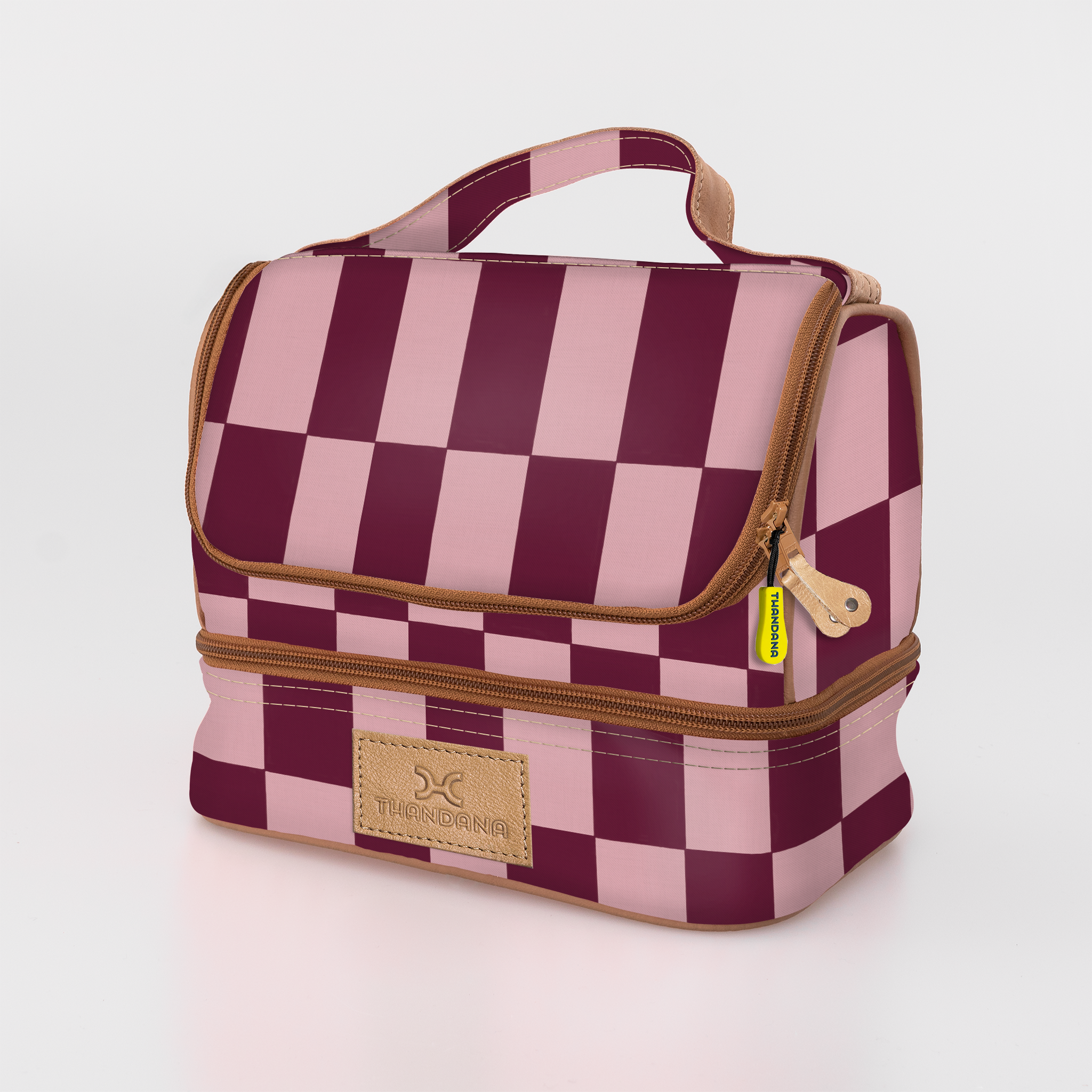 Thermal Cooler Bag | Laminated Fabric with Genuine Leather Checkmate - Cherry / Chunky Zip Mini Thermal Cooler