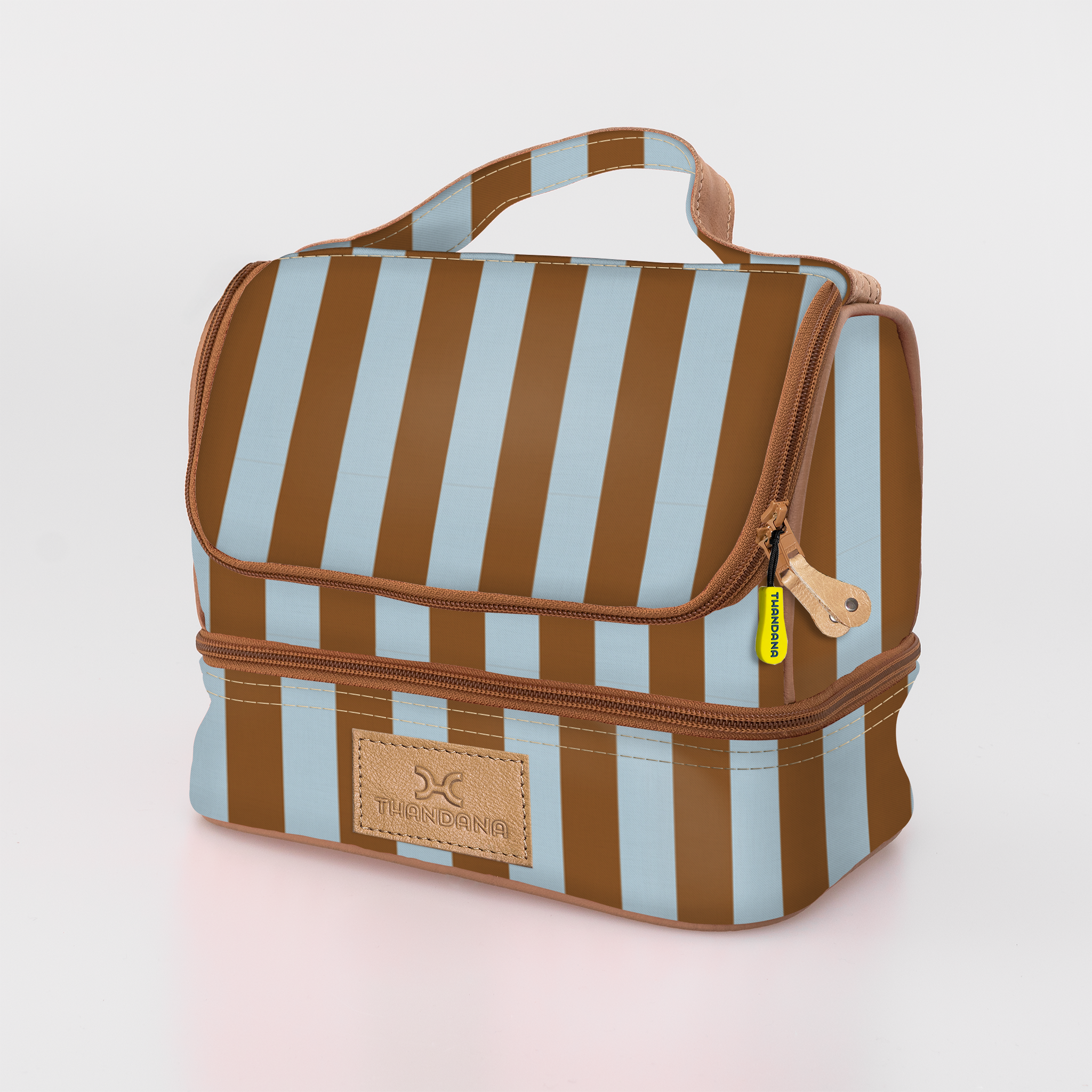 Thermal Cooler Bag | Laminated Fabric with Genuine Leather Coastal Stripe - Blue / Chunky Zip Mini Thermal Cooler