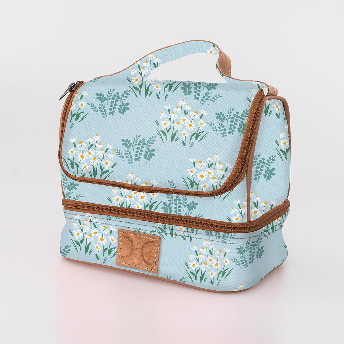 Thermal Cooler Bag | Laminated Fabric with Genuine Leather Crazy Daisy - Sage / Chunky Zip Mini Thermal Cooler