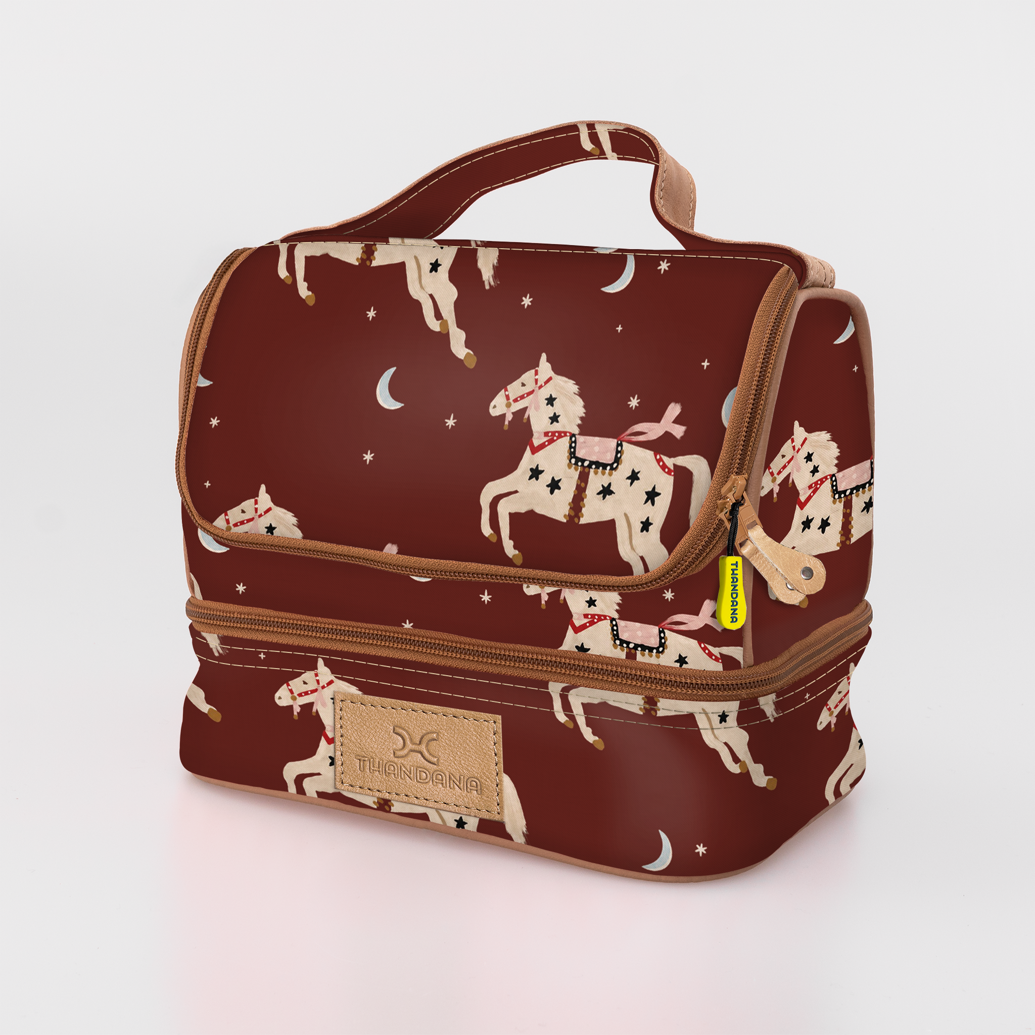 Thermal Cooler Bag | Laminated Fabric with Genuine Leather Midnight Pony - Cherry / Chunky Zip Mini Thermal Cooler