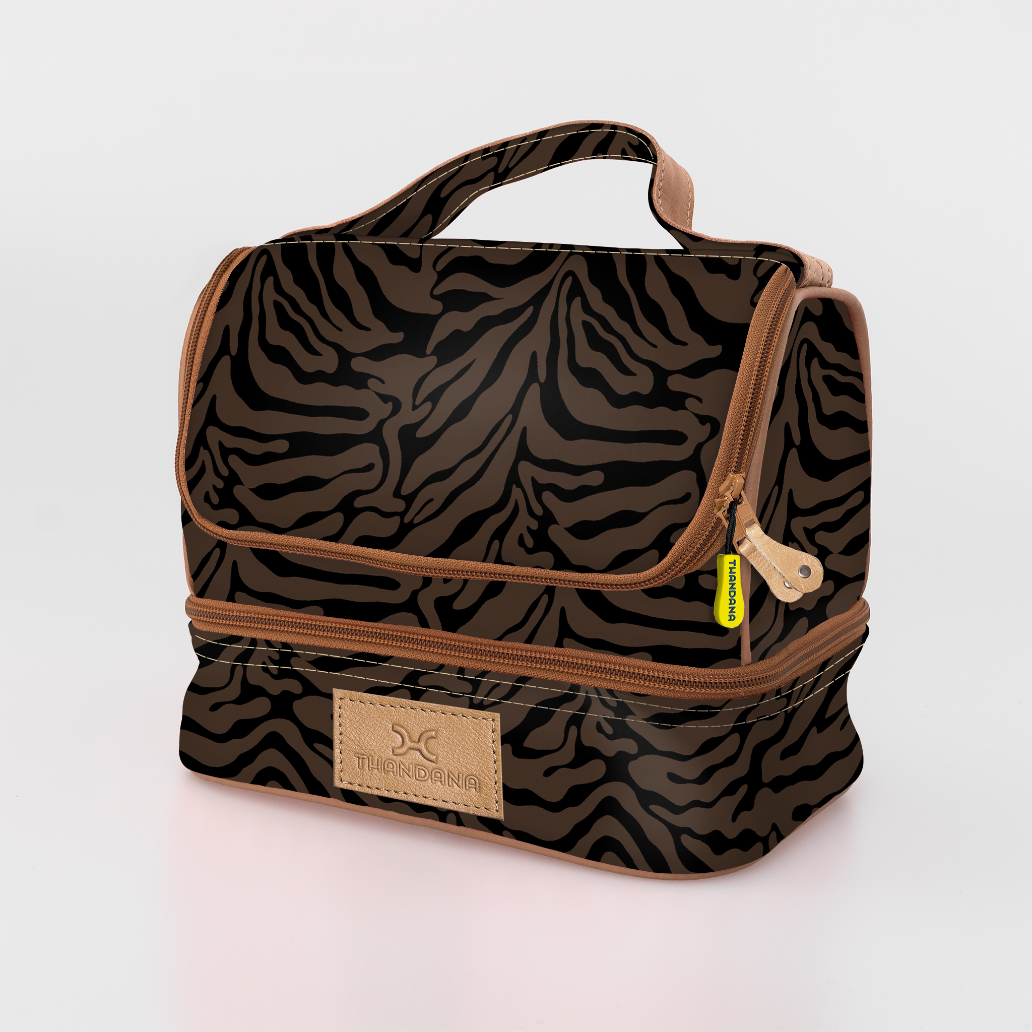 Thermal Cooler Bag | Laminated Fabric with Genuine Leather Nomad Stripe - Coffee / Chunky Zip Mini Thermal Cooler