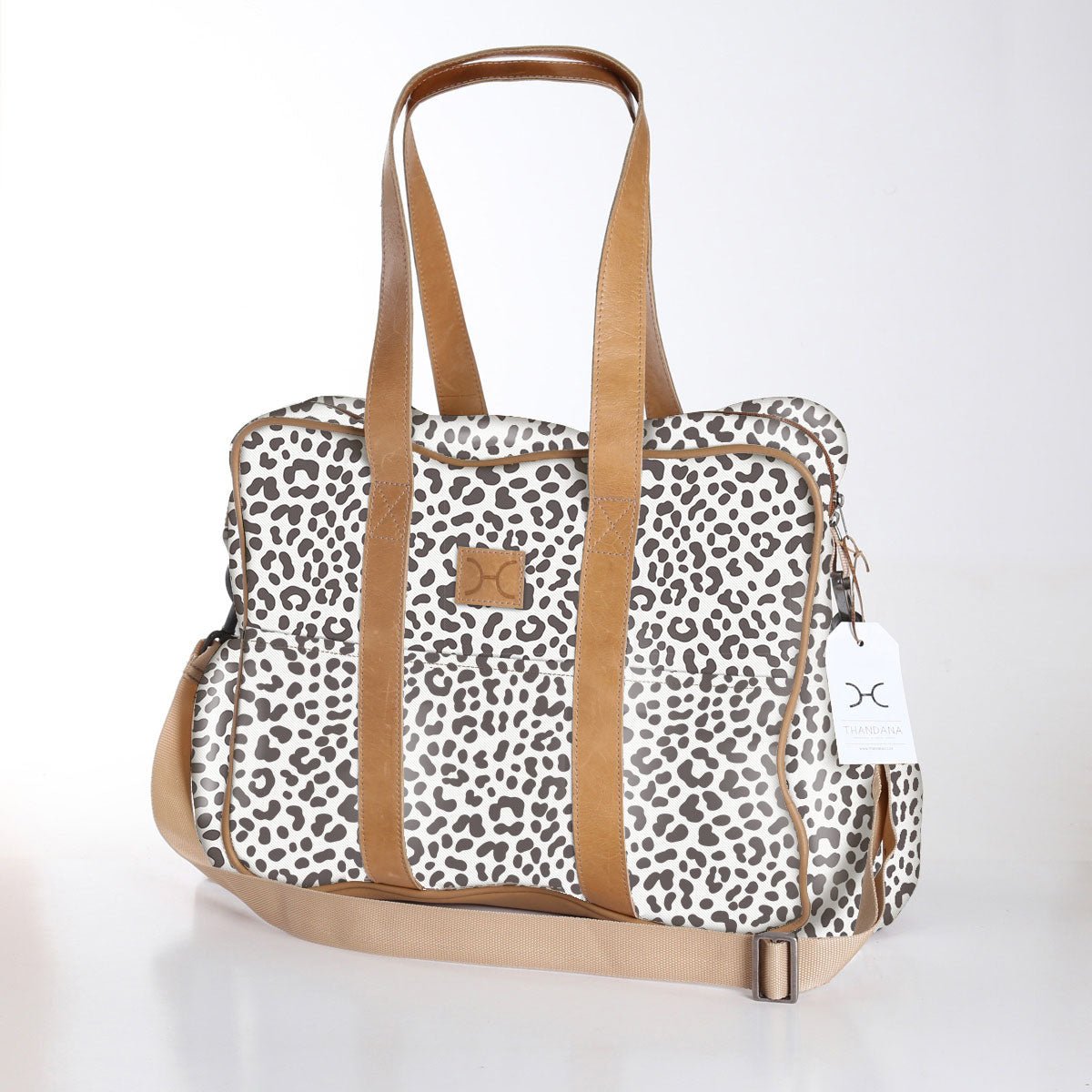 Toddler Bag | Laminated Fabric with Genuine Leather Cheetah - White / Chunky Zip Toddler Fabric Bag by Thandana