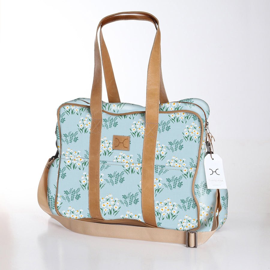 Toddler Bag | Laminated Fabric with Genuine Leather Crazy Daisy - Sage / Chunky Zip Toddler Fabric Bag by Thandana