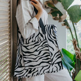 Tote Handbag | Faux Fur Print Genuine Leather Zebra Black Stripe White Leather Handbag by Thandana