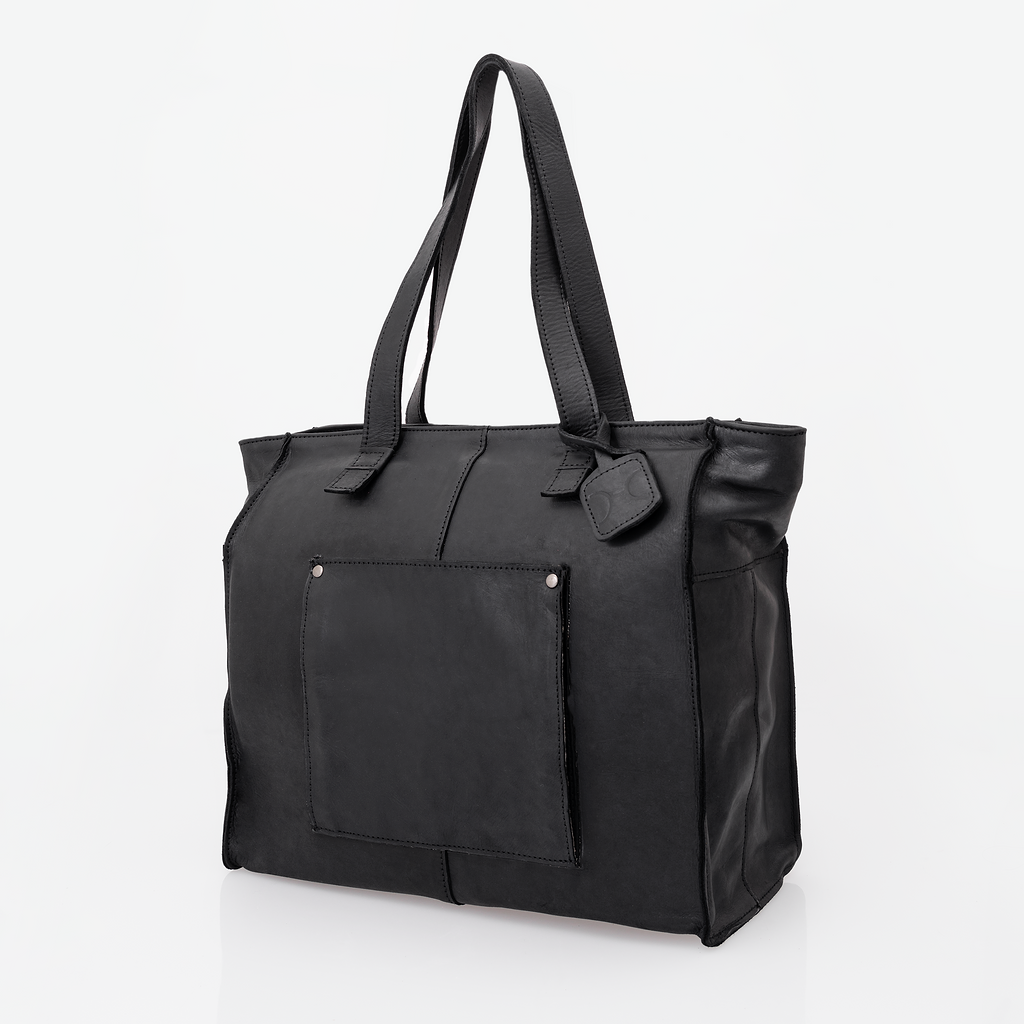 Tote Travel Zipper Handbag Leather | Corporate Black Leather Handbag by Thandana