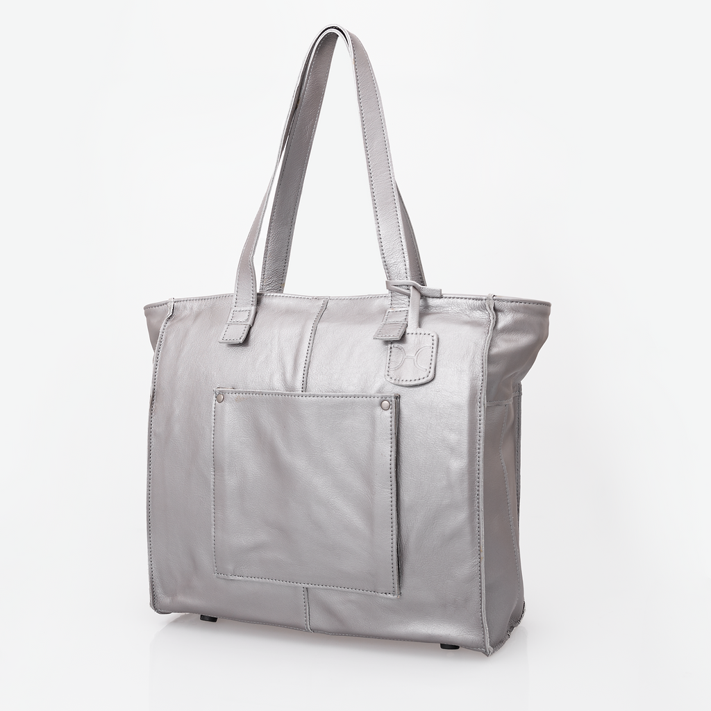 Tote Travel Zipper Handbag Leather | Corporate Pewter Leather Handbag by Thandana