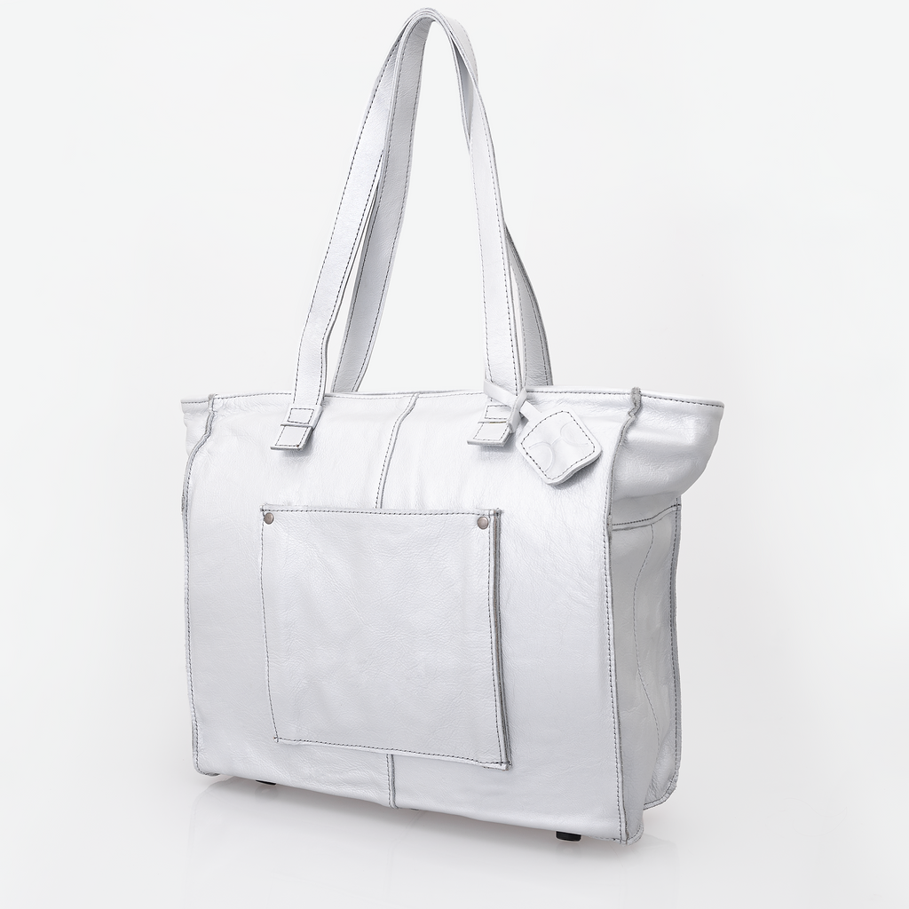 Tote Travel Zipper Handbag Leather | Corporate Silver Leather Handbag by Thandana