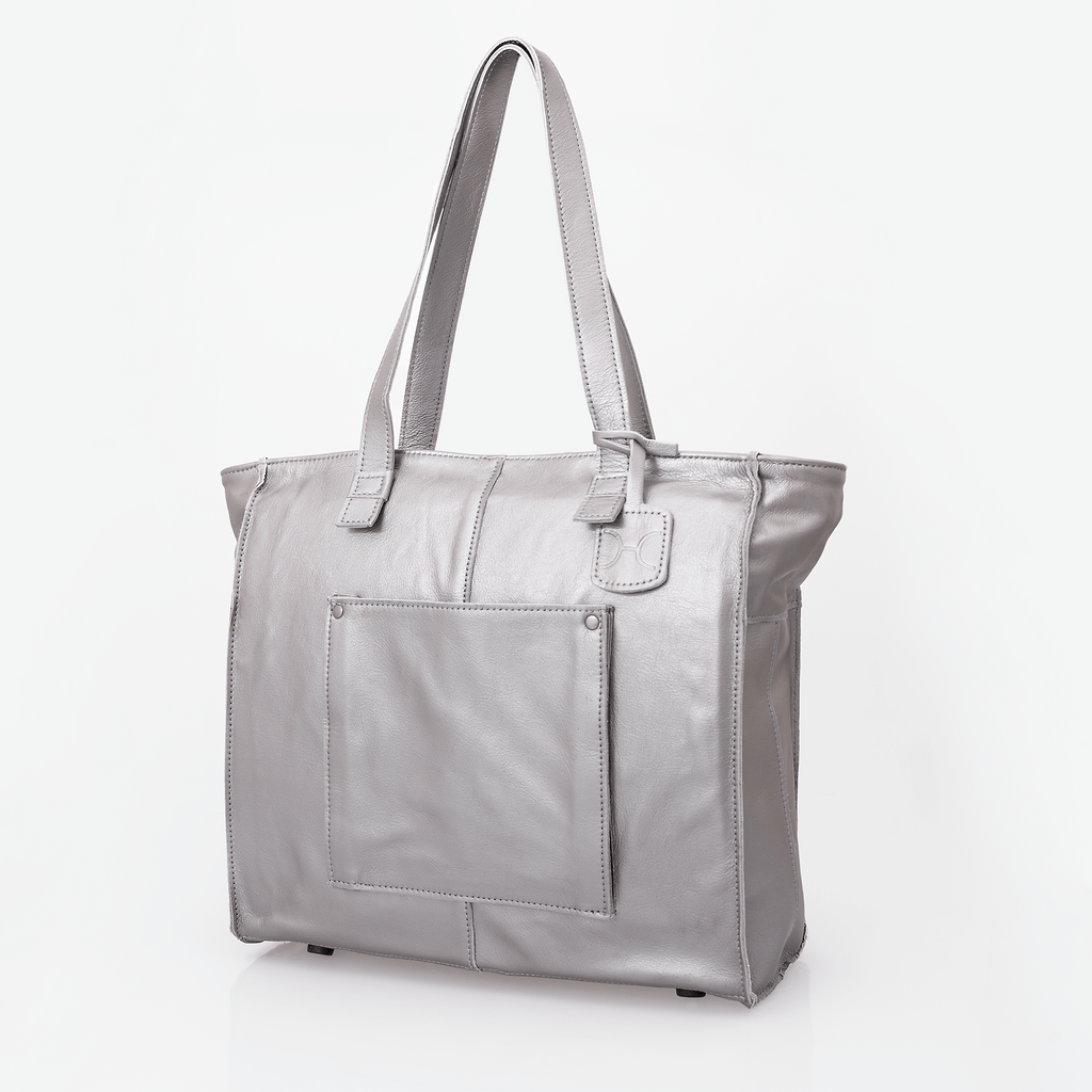 Tote Travel Zipper Handbag | Leather Pewter Leather Handbag by Thandana