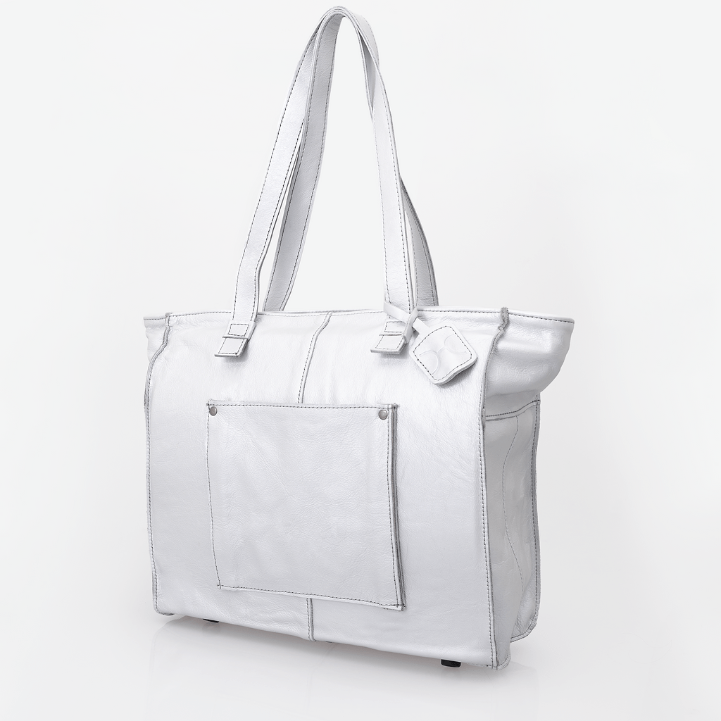 Tote Travel Zipper Handbag | Leather Silver Leather Handbag by Thandana