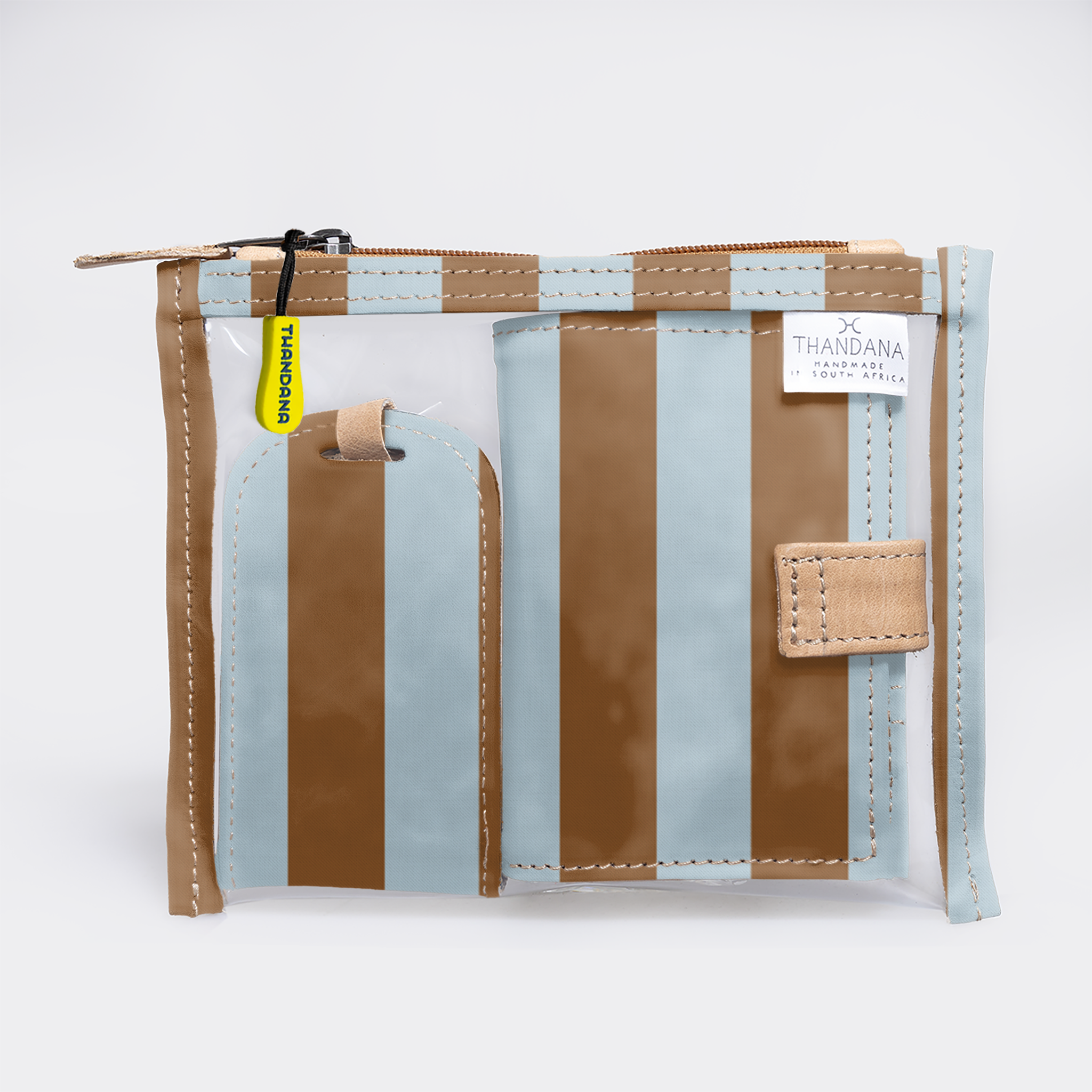 Travel Set | Laminated Fabric with Genuine Leather Coastal Stripe - Blue Travel by Thandana