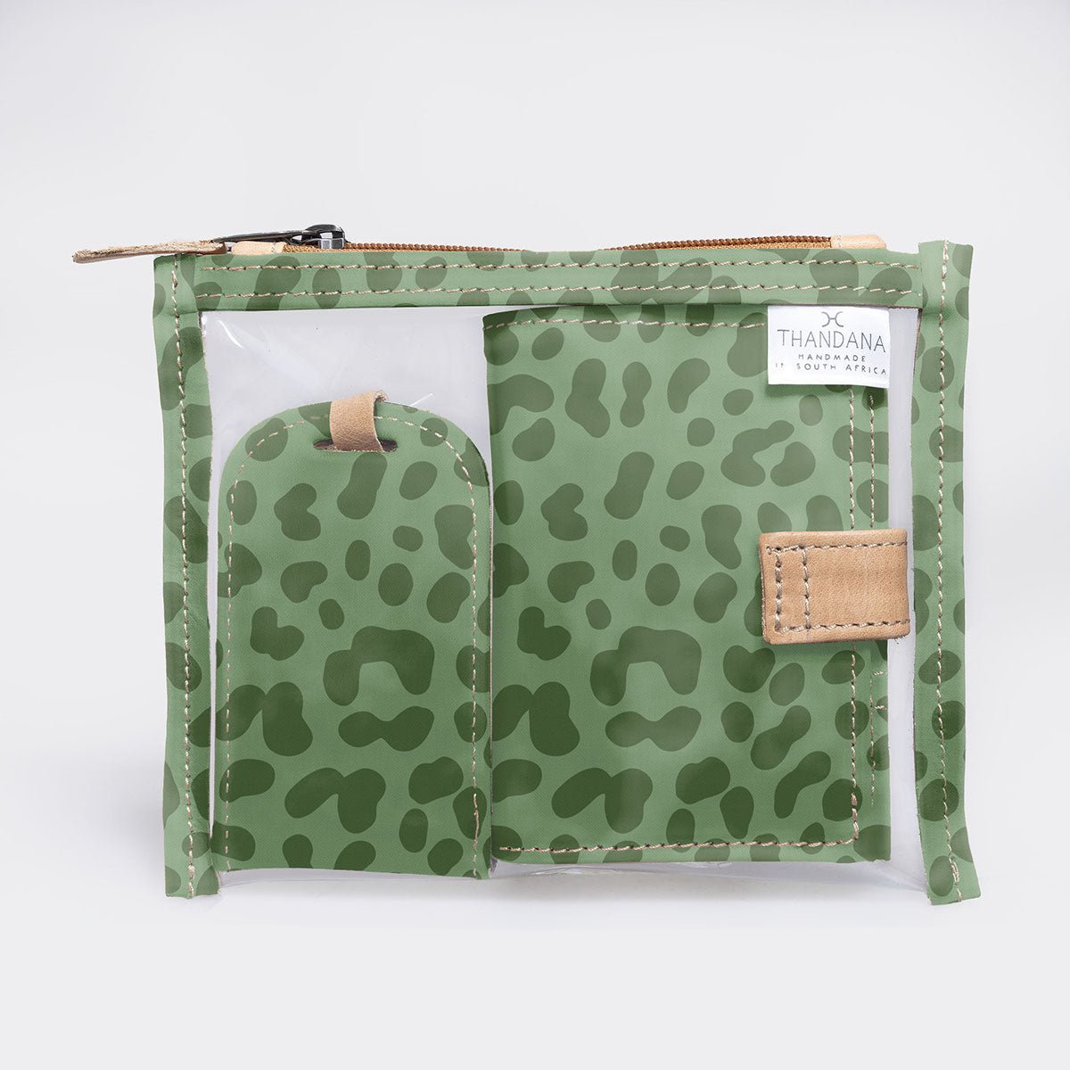 Travel Set | Laminated Fabric with Genuine Leather | Corporate Cheetah - Olive Travel Set by Thandana