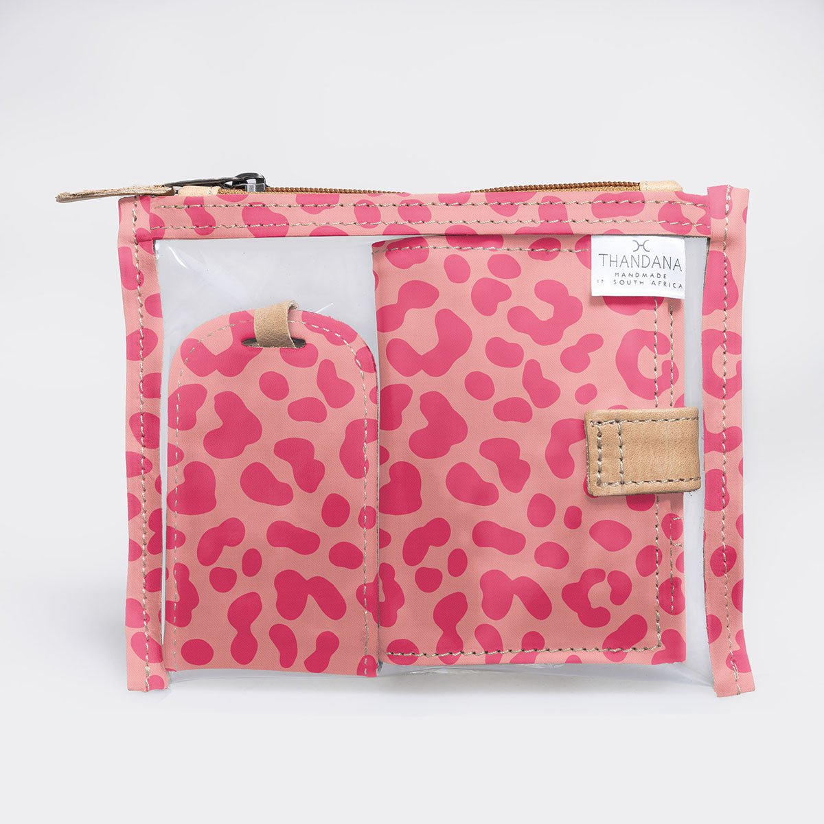 Travel Set | Laminated Fabric with Genuine Leather | Corporate Cheetah - Pink Travel Set by Thandana