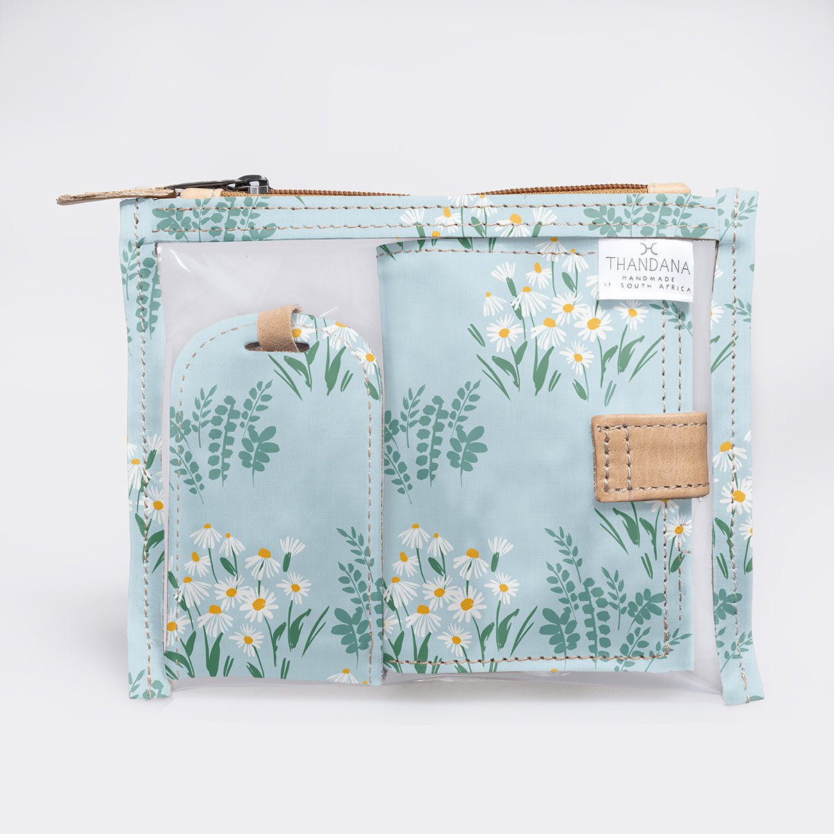 Travel Set | Laminated Fabric with Genuine Leather | Corporate Crazy Daisy - Sage Travel Set by Thandana